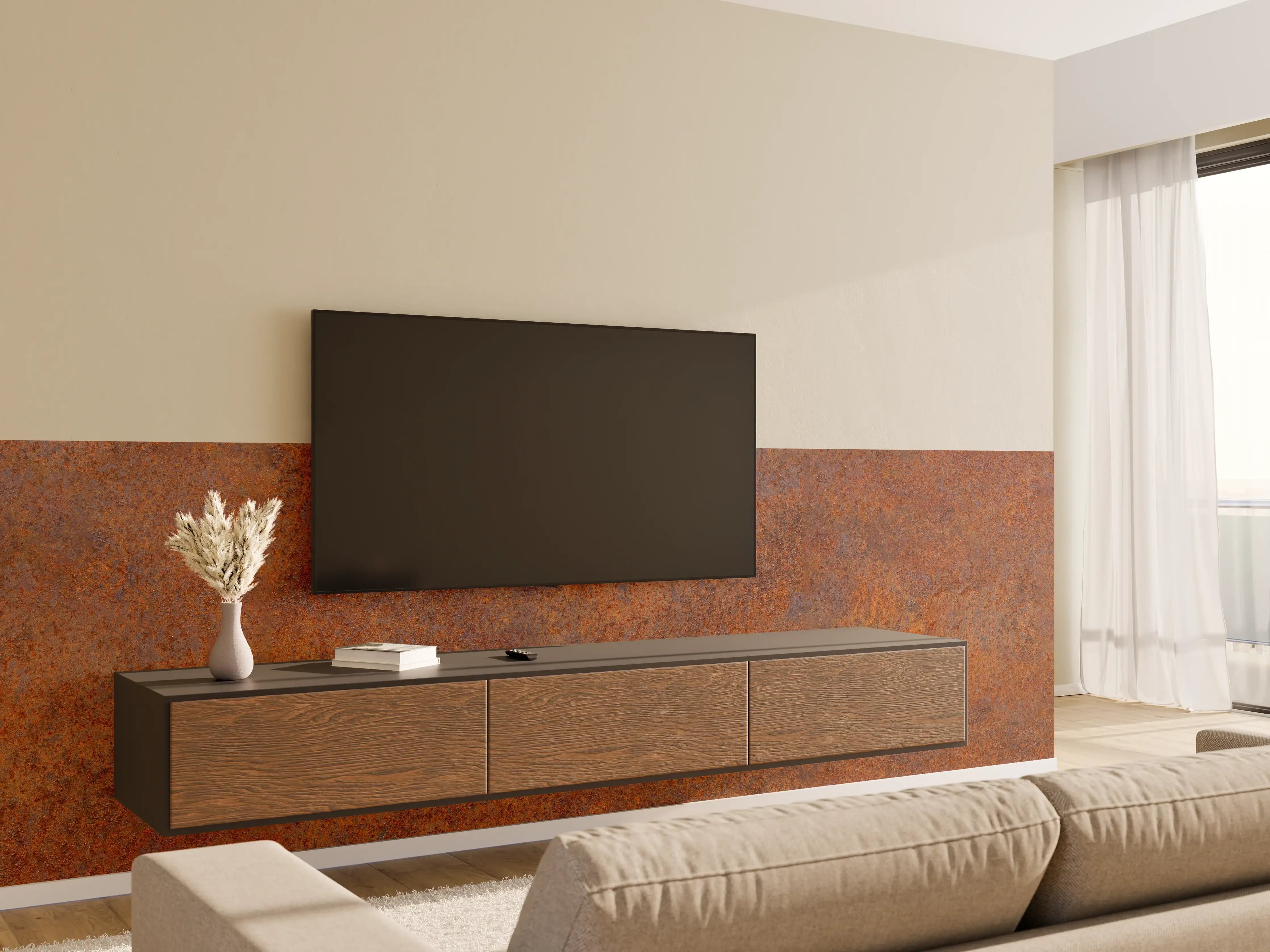 Wandverkleidung Wohnzimmer - Rustikale Metalloberfläche mit Rosteffekt