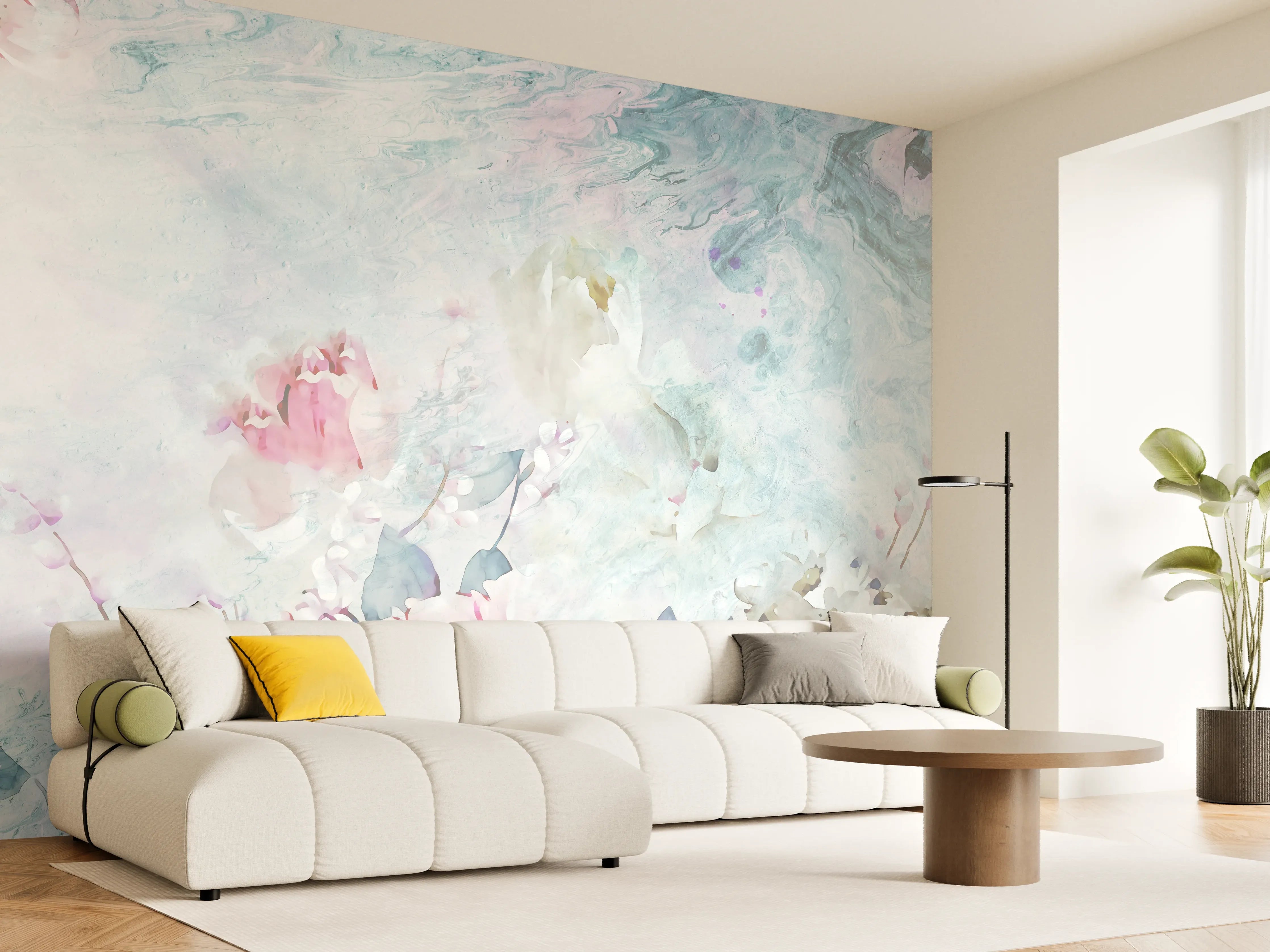 Wandverkleidung Wohnzimmer - Sanfte Aquarellblumen im Pastell-Design