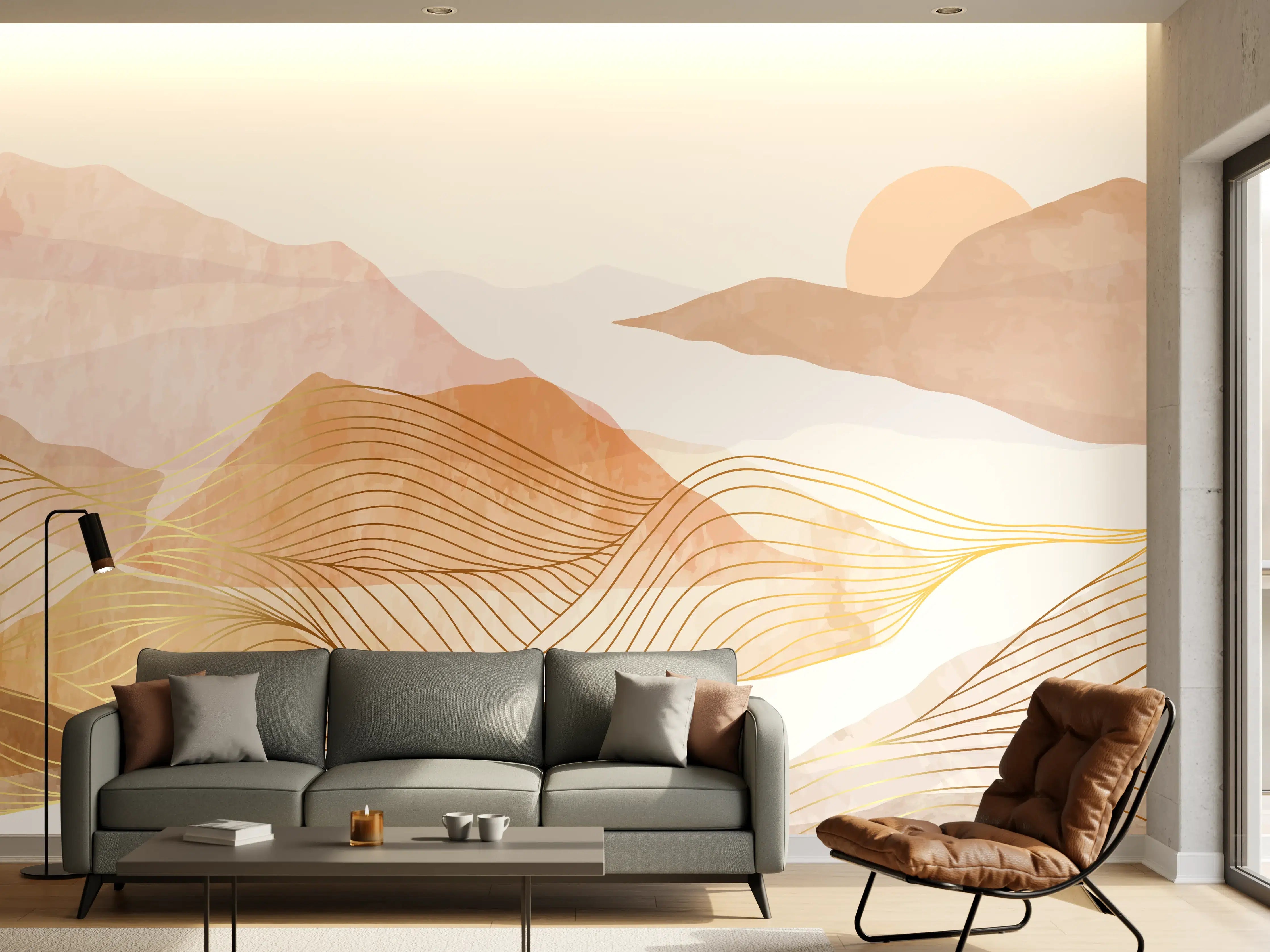 Wandverkleidung Wohnzimmer - Sanfte Bergkulisse in zarten Grautönen