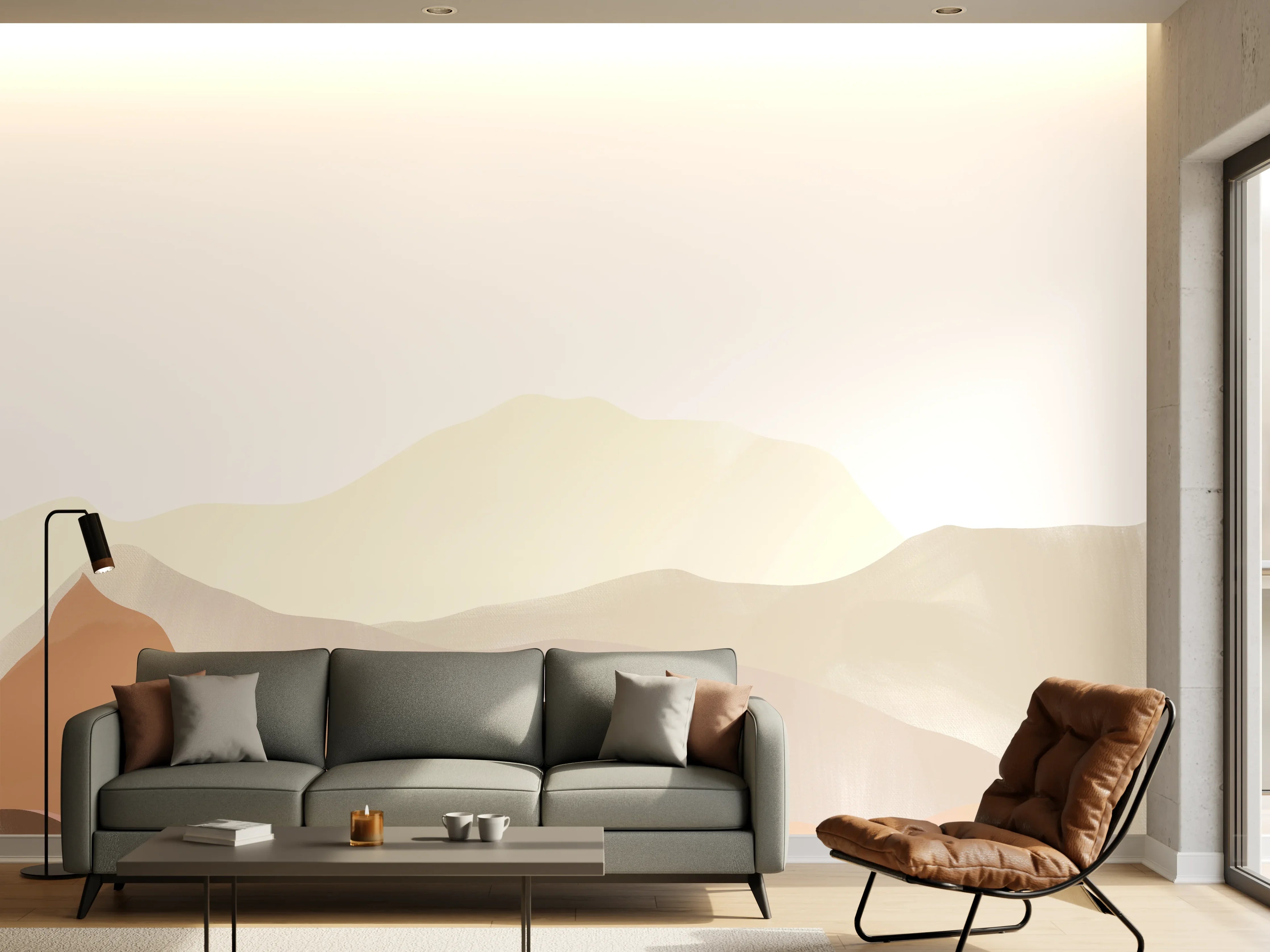 Wandverkleidung Wohnzimmer - Sanfte Berglandschaft in Pastellfarben