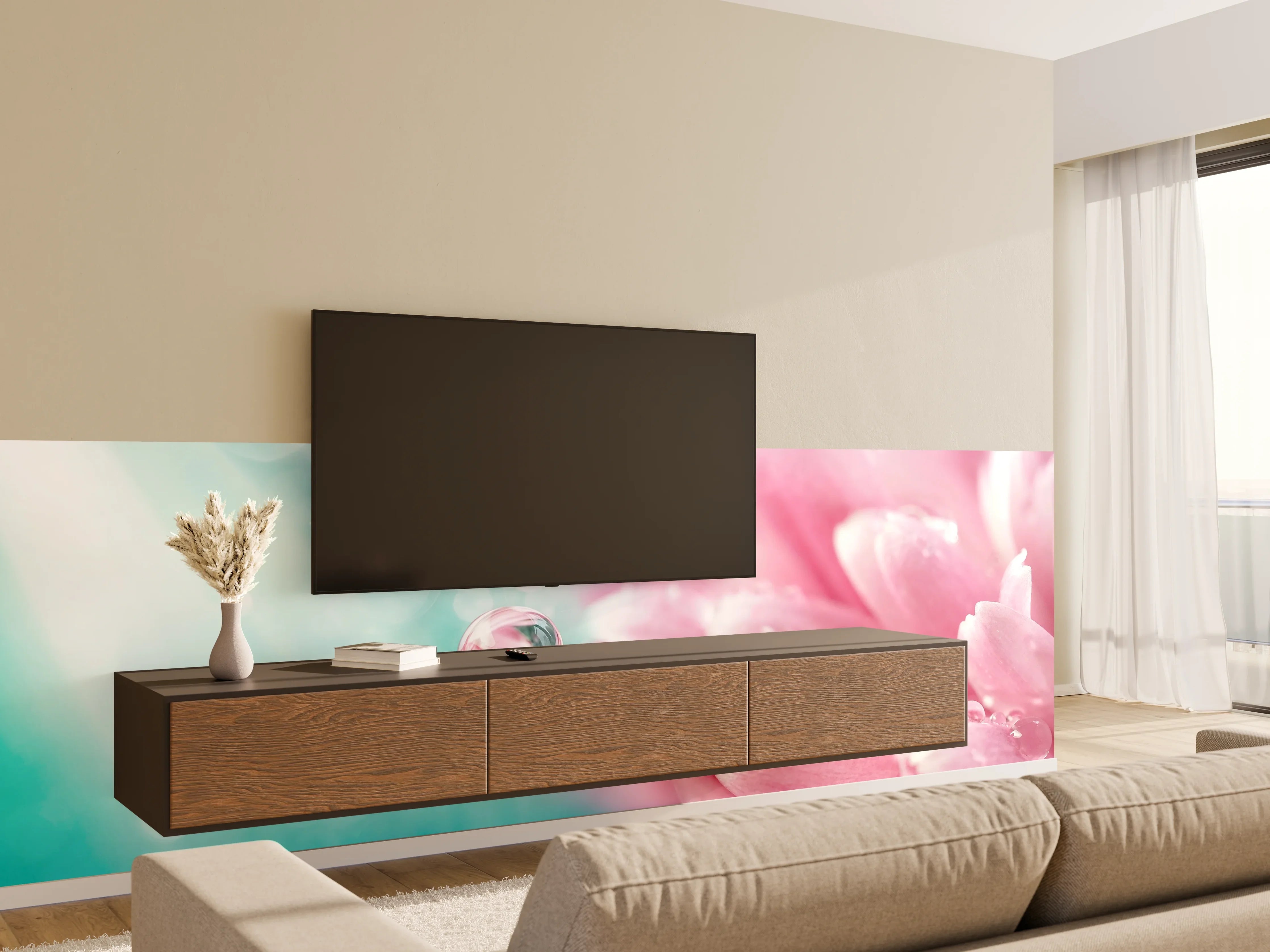 Wandverkleidung Wohnzimmer - Sanfte Blüten in Pastellfarben