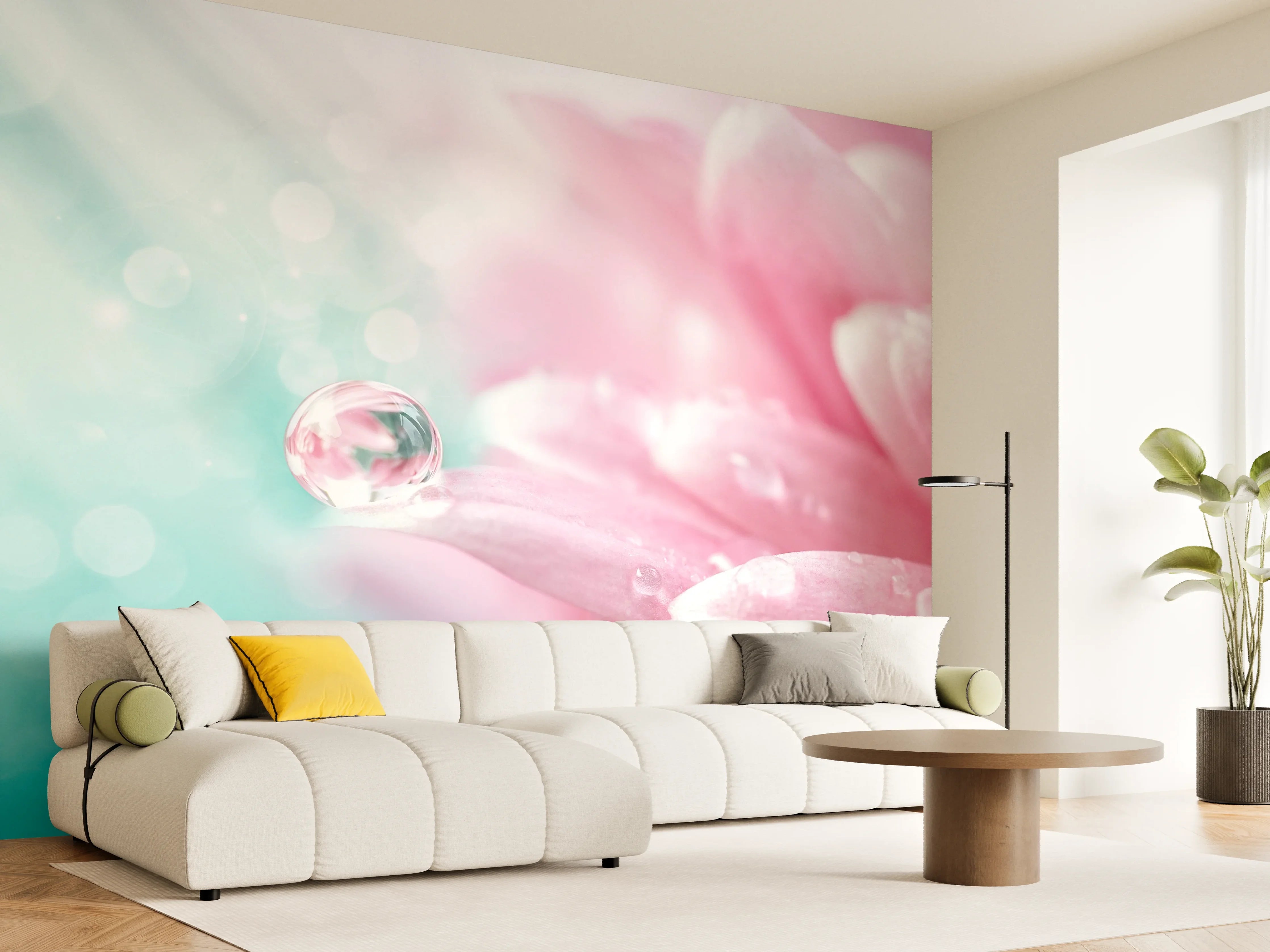 Wandverkleidung Wohnzimmer - Sanfte Blüten in Pastellfarben