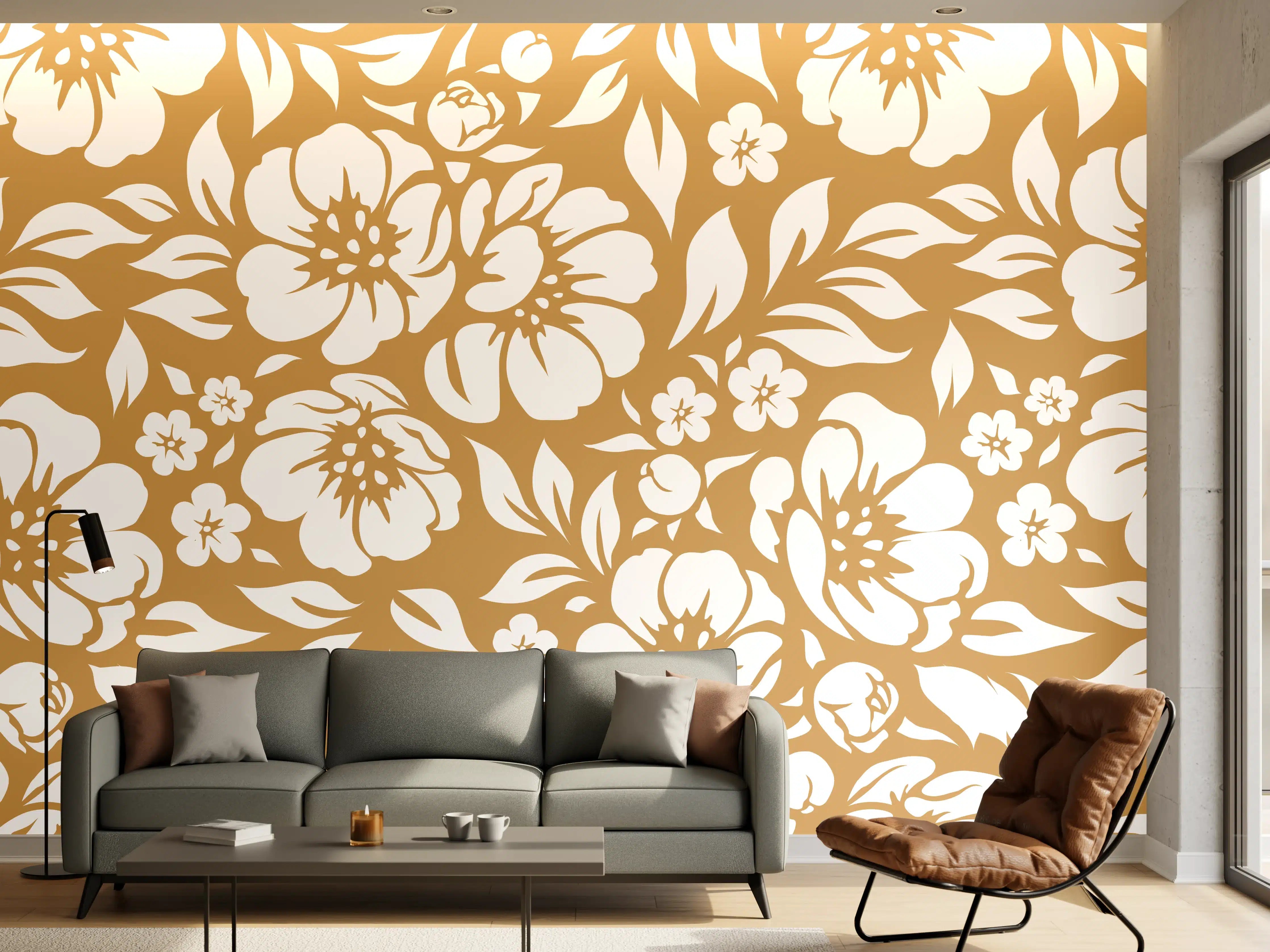 Wandverkleidung Wohnzimmer - Sanfte Blumen in Beige und Grauweiß