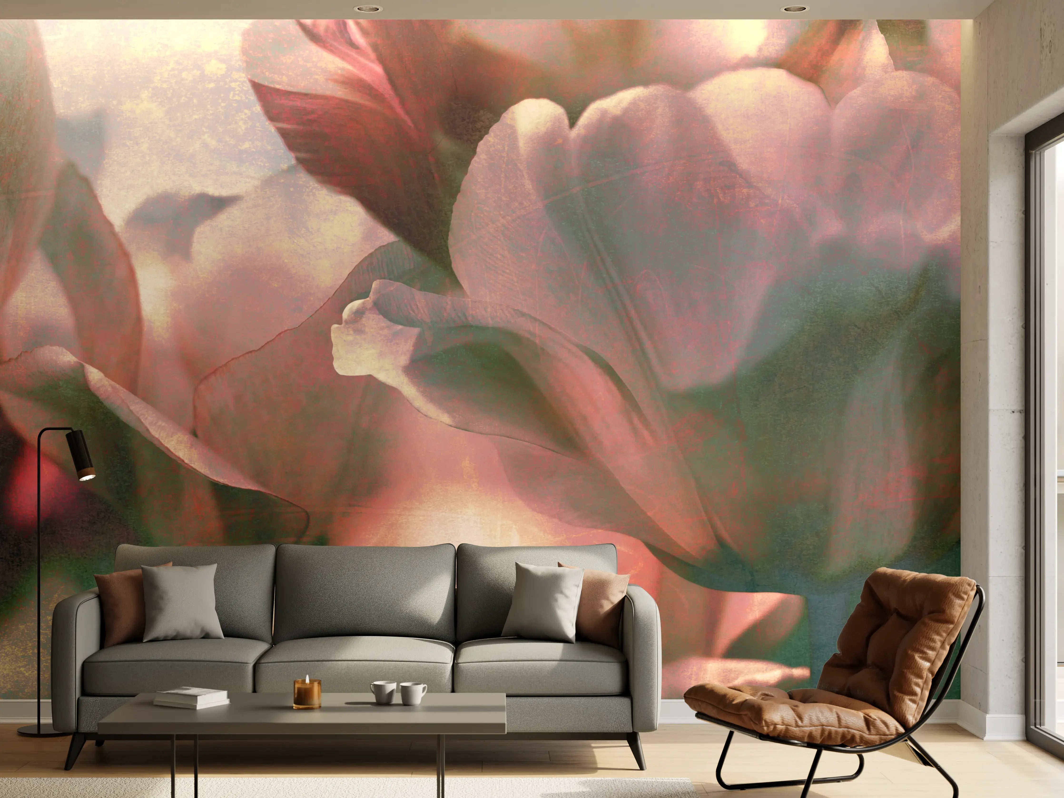 Wandverkleidung Wohnzimmer - Sanfte Blumen in Pastellfarben