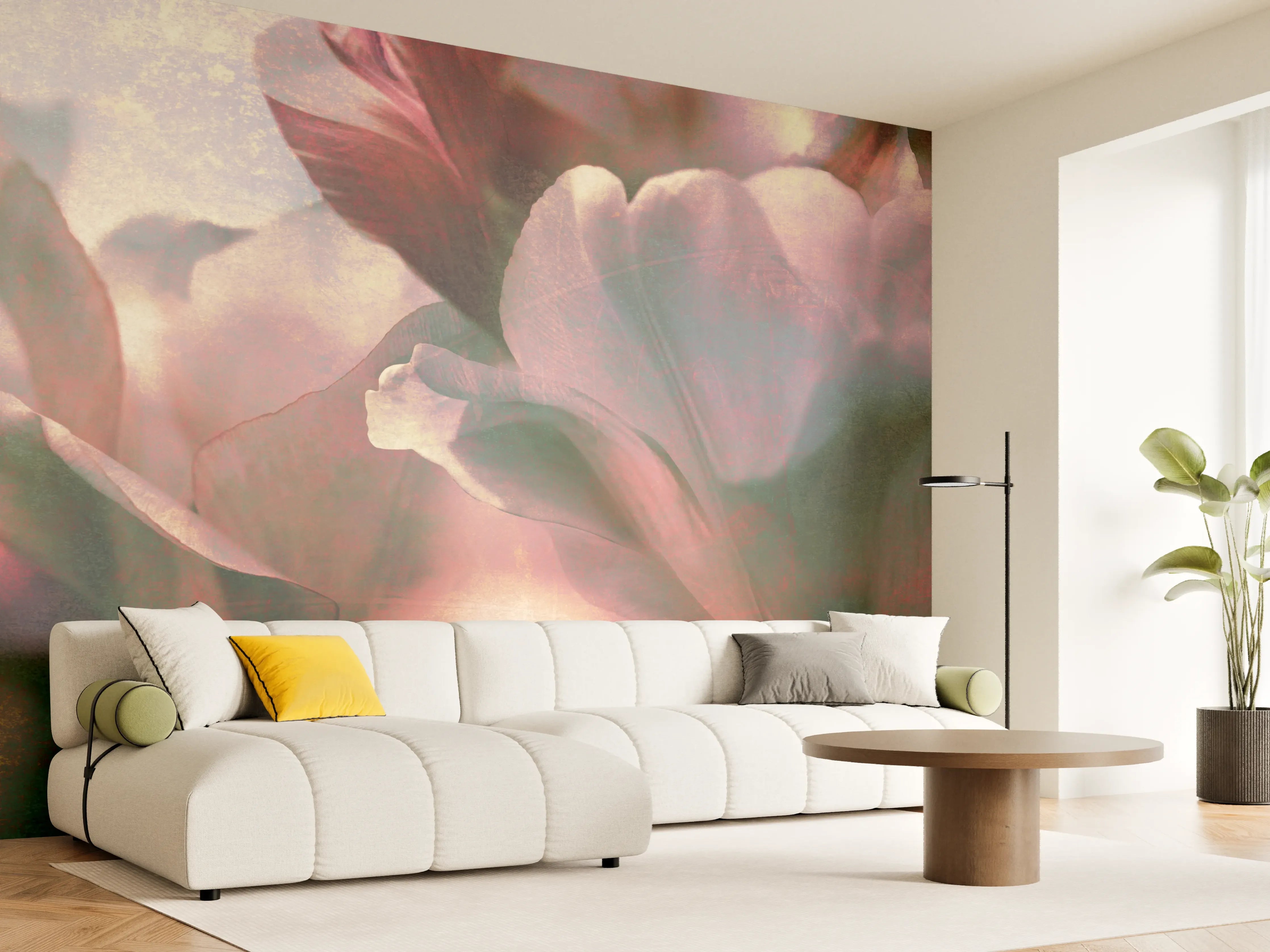 Wandverkleidung Wohnzimmer - Sanfte Blumen in Pastellfarben