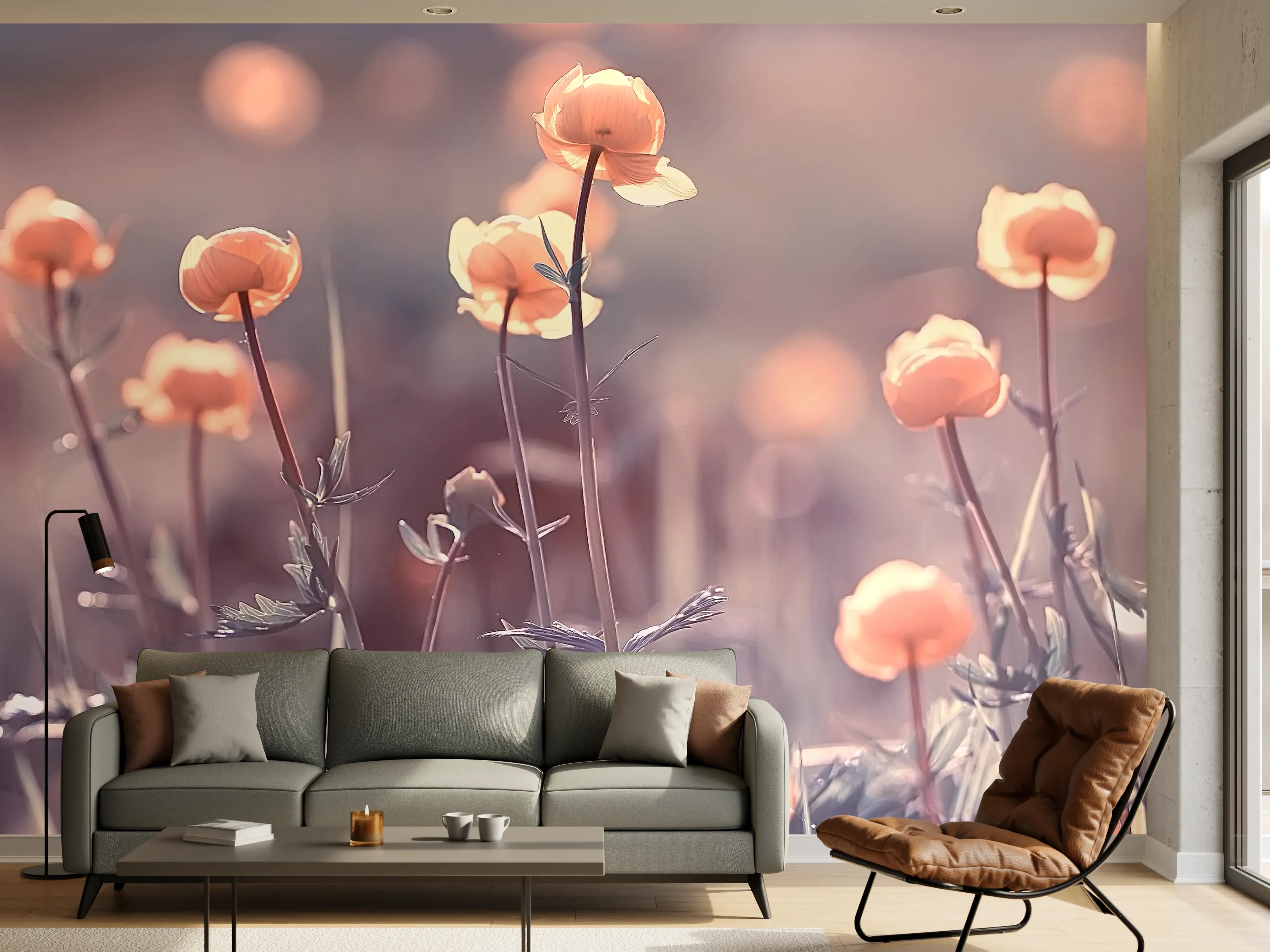 Wandverkleidung Wohnzimmer - Sanfte Blumenwiese im Morgengrauen