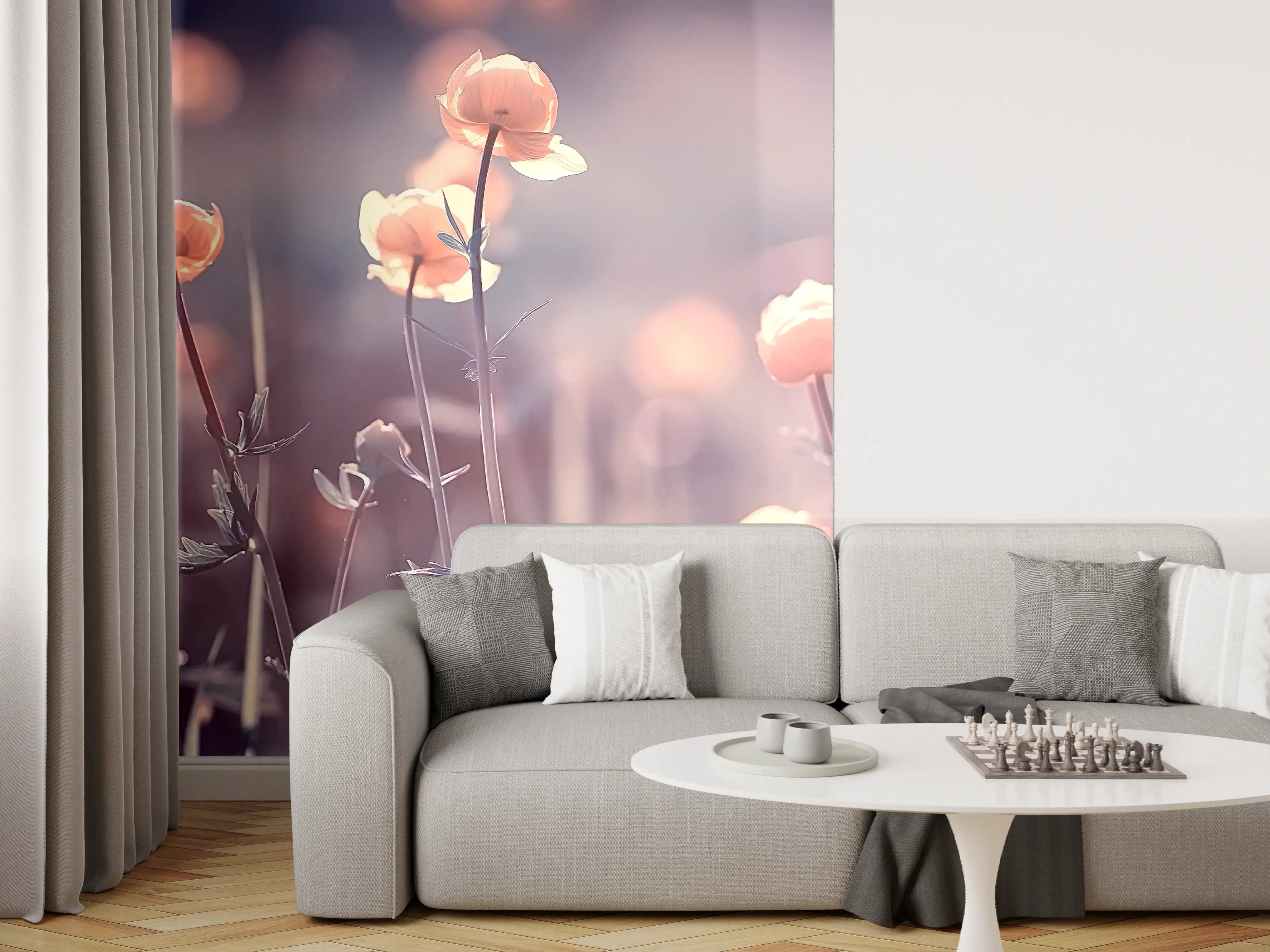 Wandverkleidung Wohnzimmer - Sanfte Blumenwiese im Morgengrauen