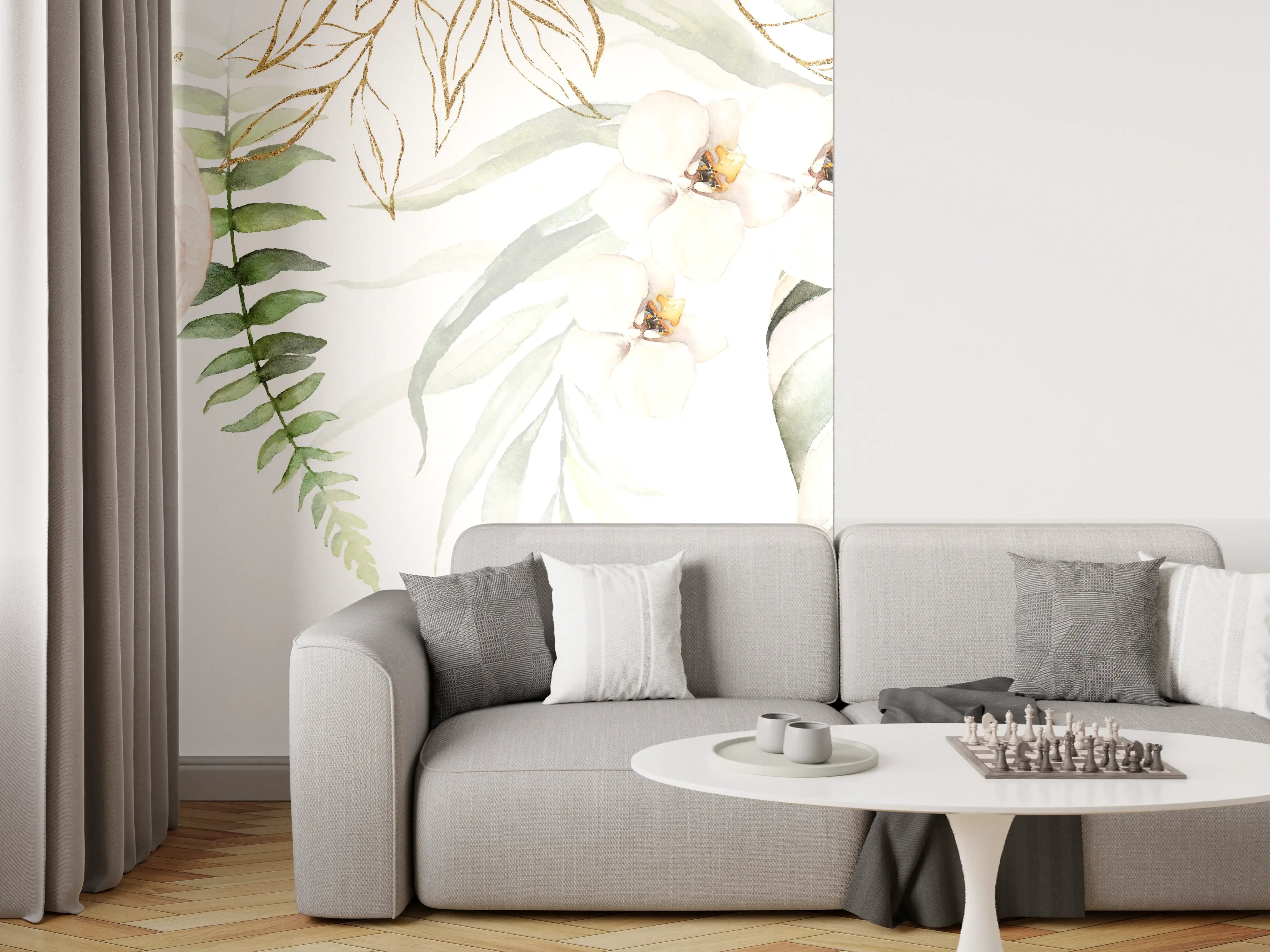 Wandverkleidung Wohnzimmer - Sanfte Blumenwiese im Wasserfarben-Stil