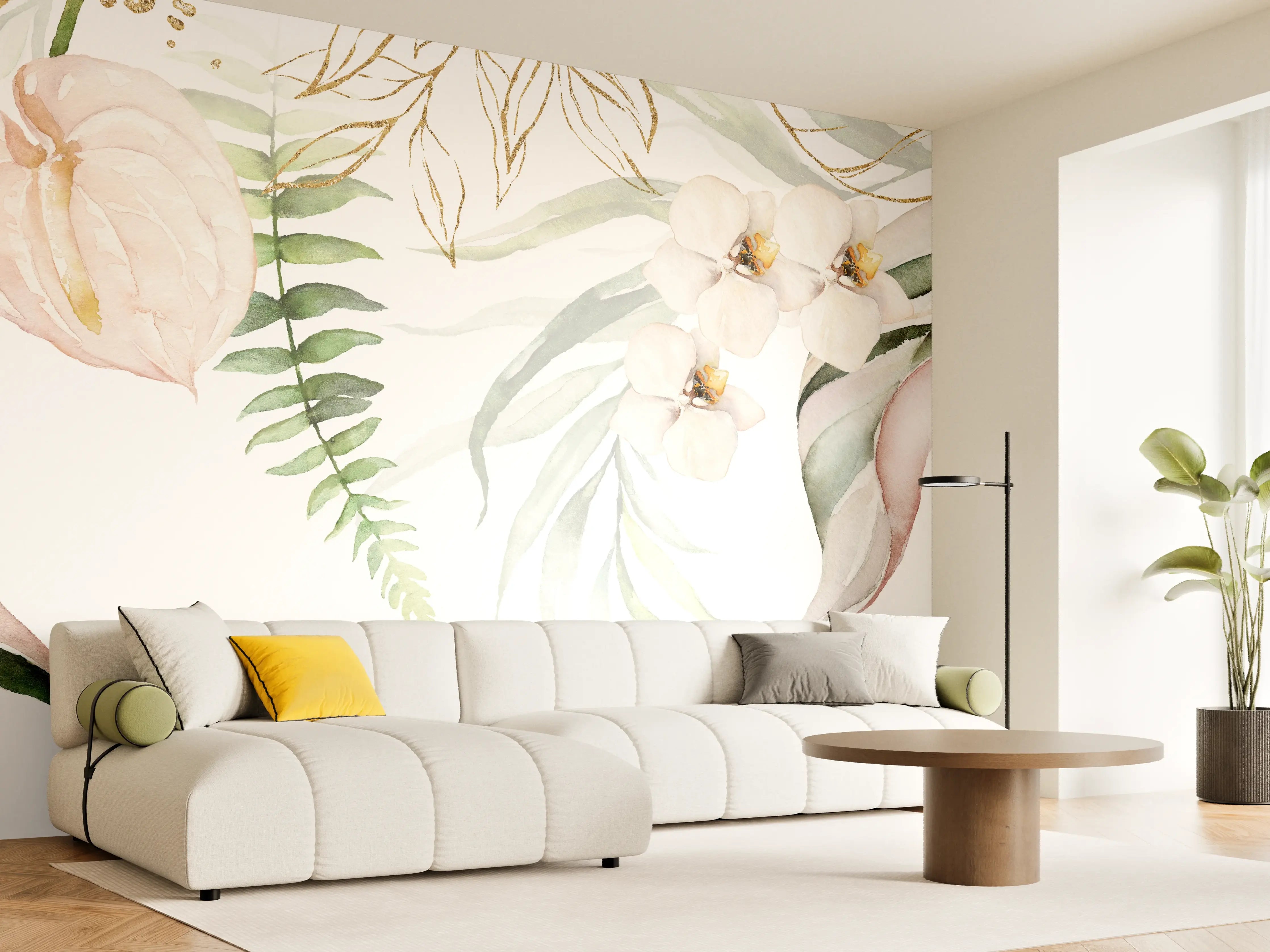 Wandverkleidung Wohnzimmer - Sanfte Blumenwiese im Wasserfarben-Stil