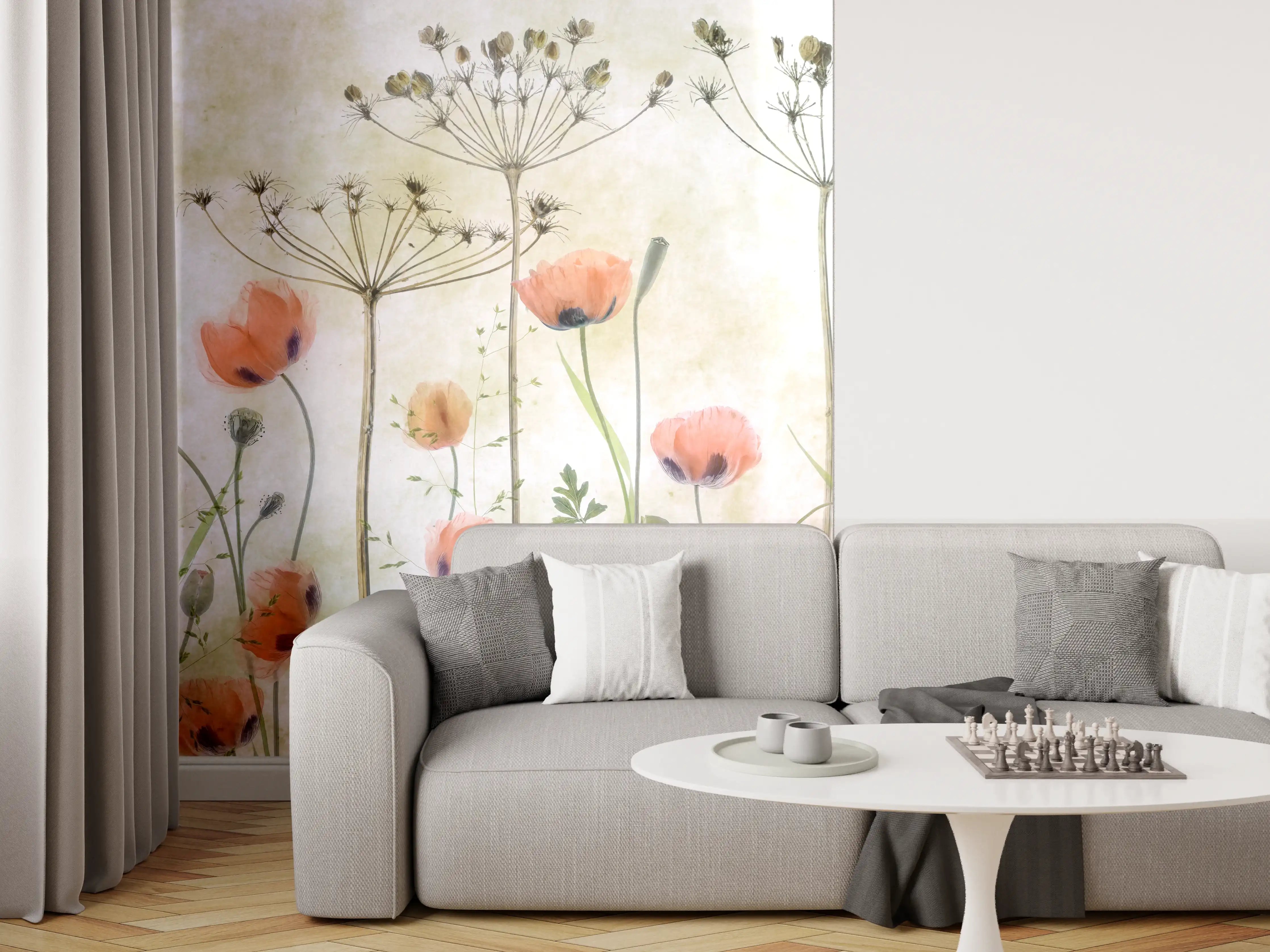 Wandverkleidung Wohnzimmer - Sanfte Blumenwiese im Wasserfarbenstil