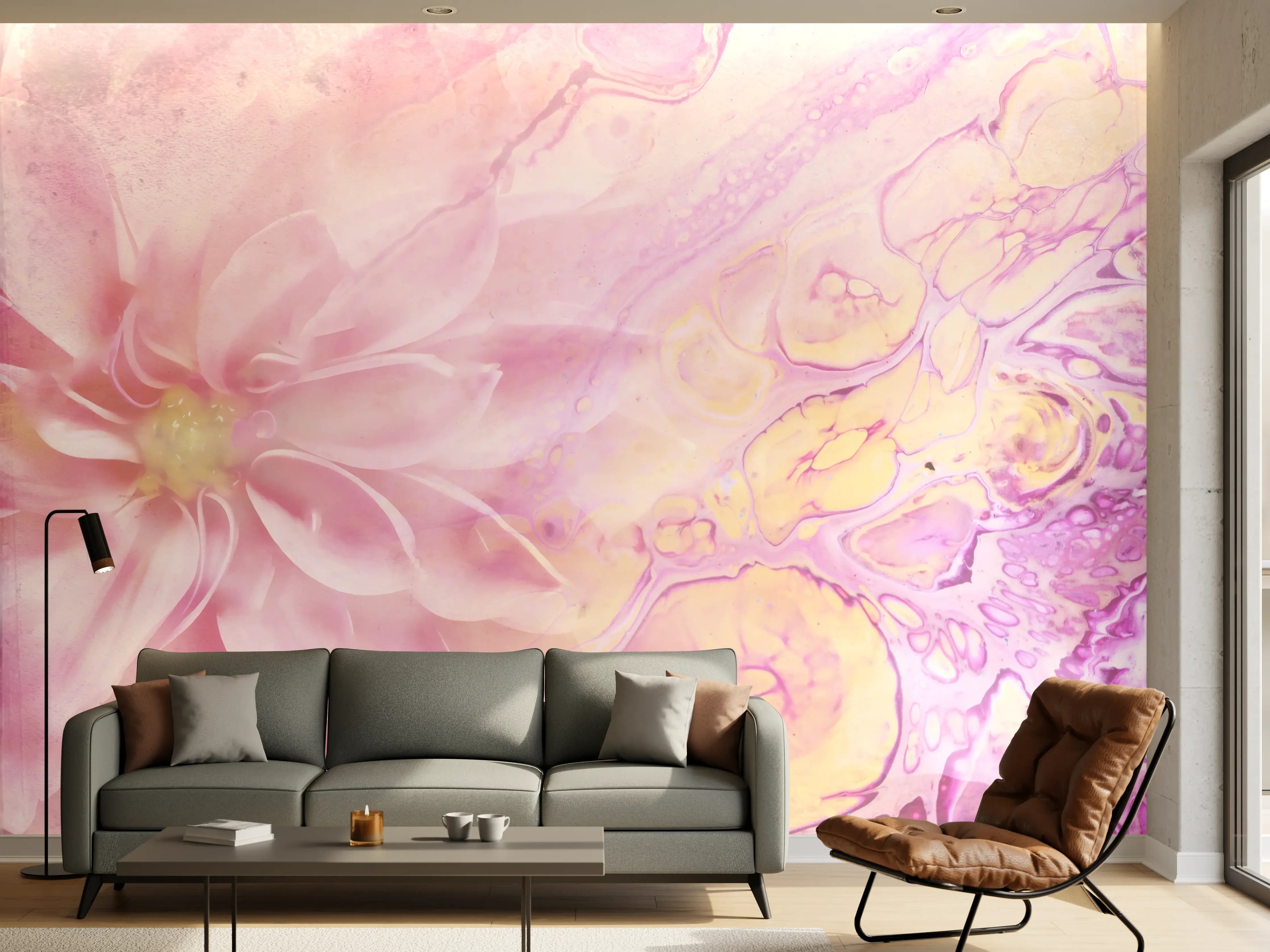 Wandverkleidung Wohnzimmer - Sanfte Farbexplosion mit Blumenmotiven