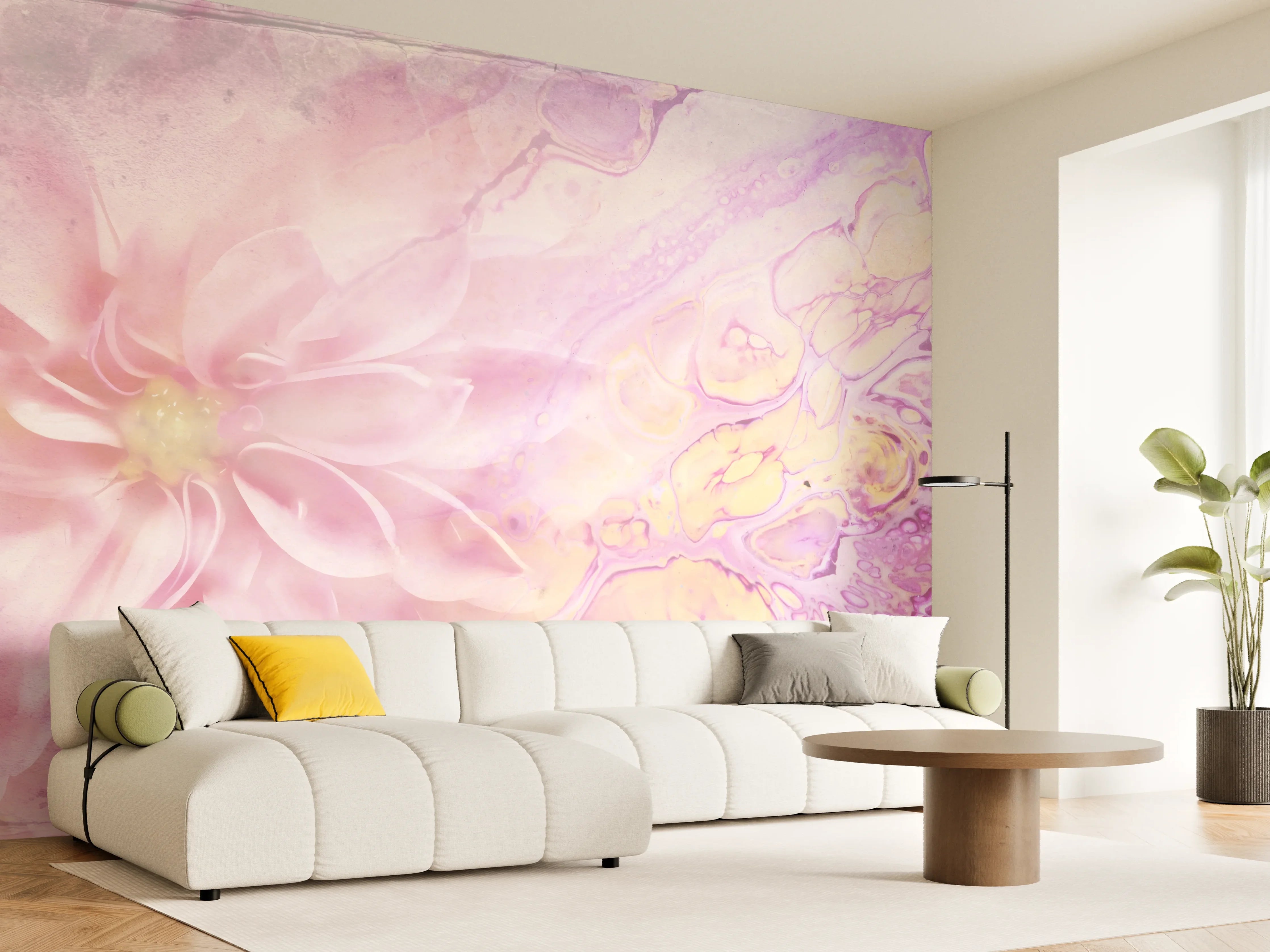 Wandverkleidung Wohnzimmer - Sanfte Farbexplosion mit Blumenmotiven