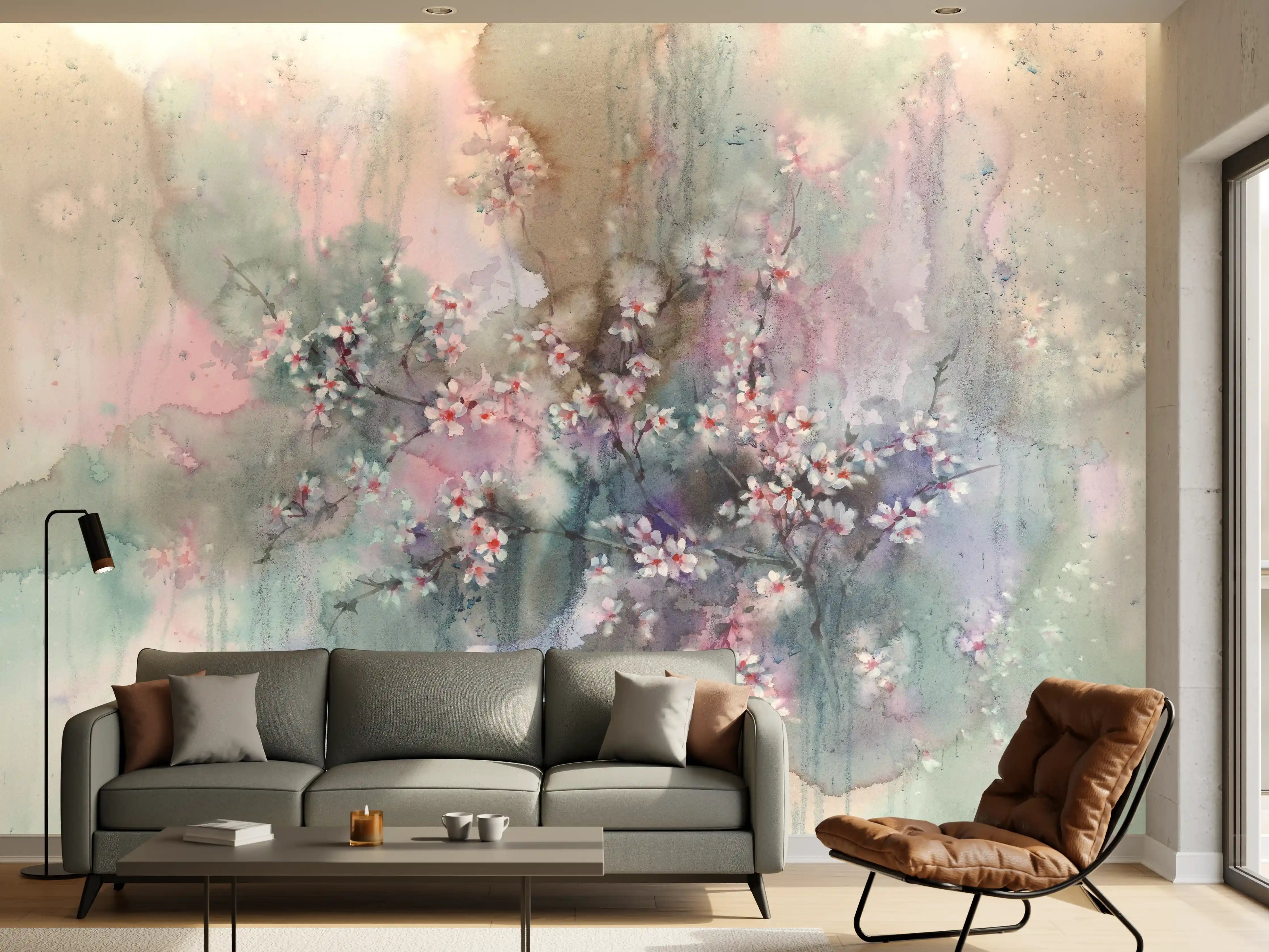 Wandverkleidung Wohnzimmer - Sanfte Frühlingsblüte im Aquarell