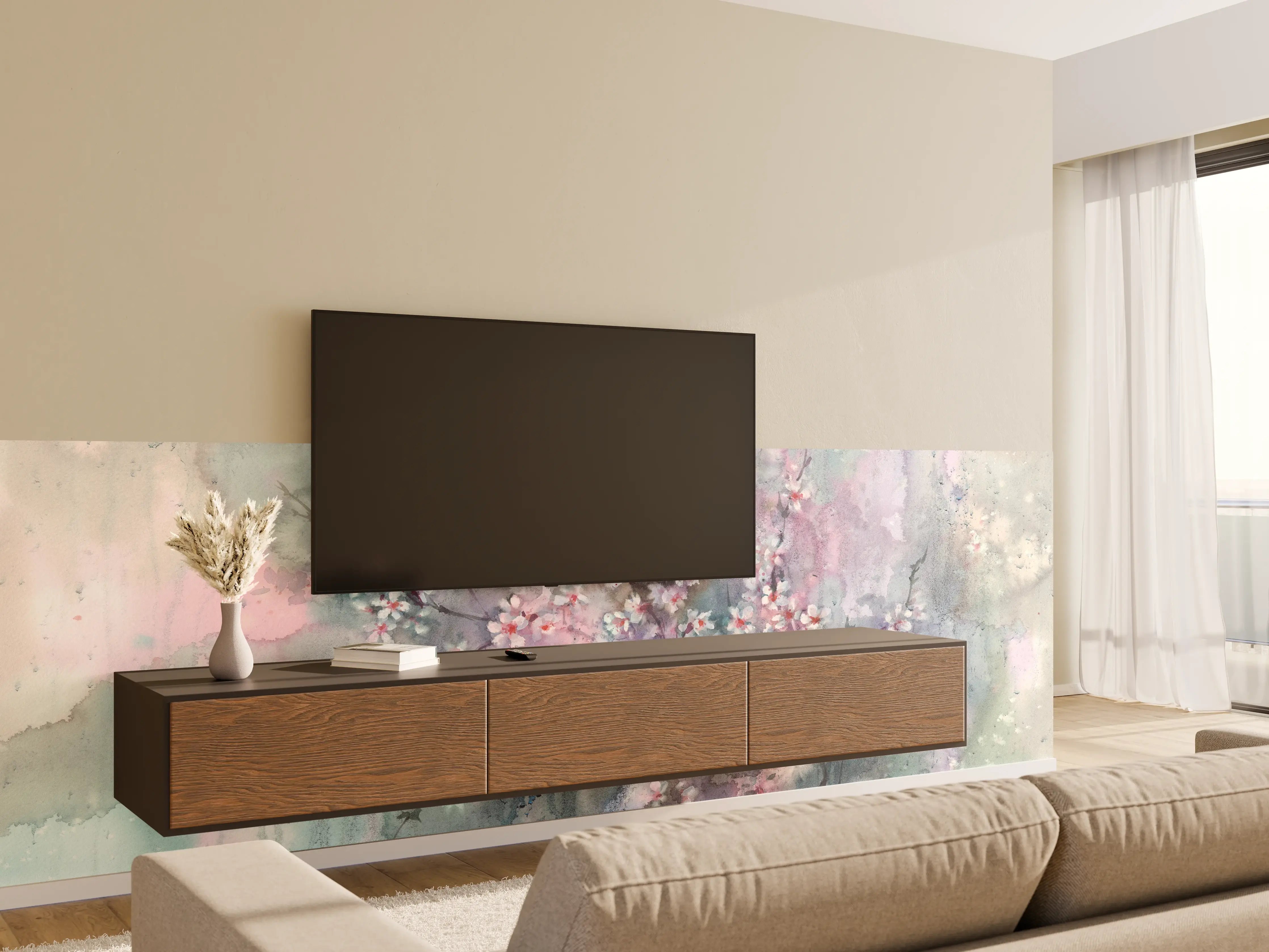 Wandverkleidung Wohnzimmer - Sanfte Frühlingsblüte im Aquarell