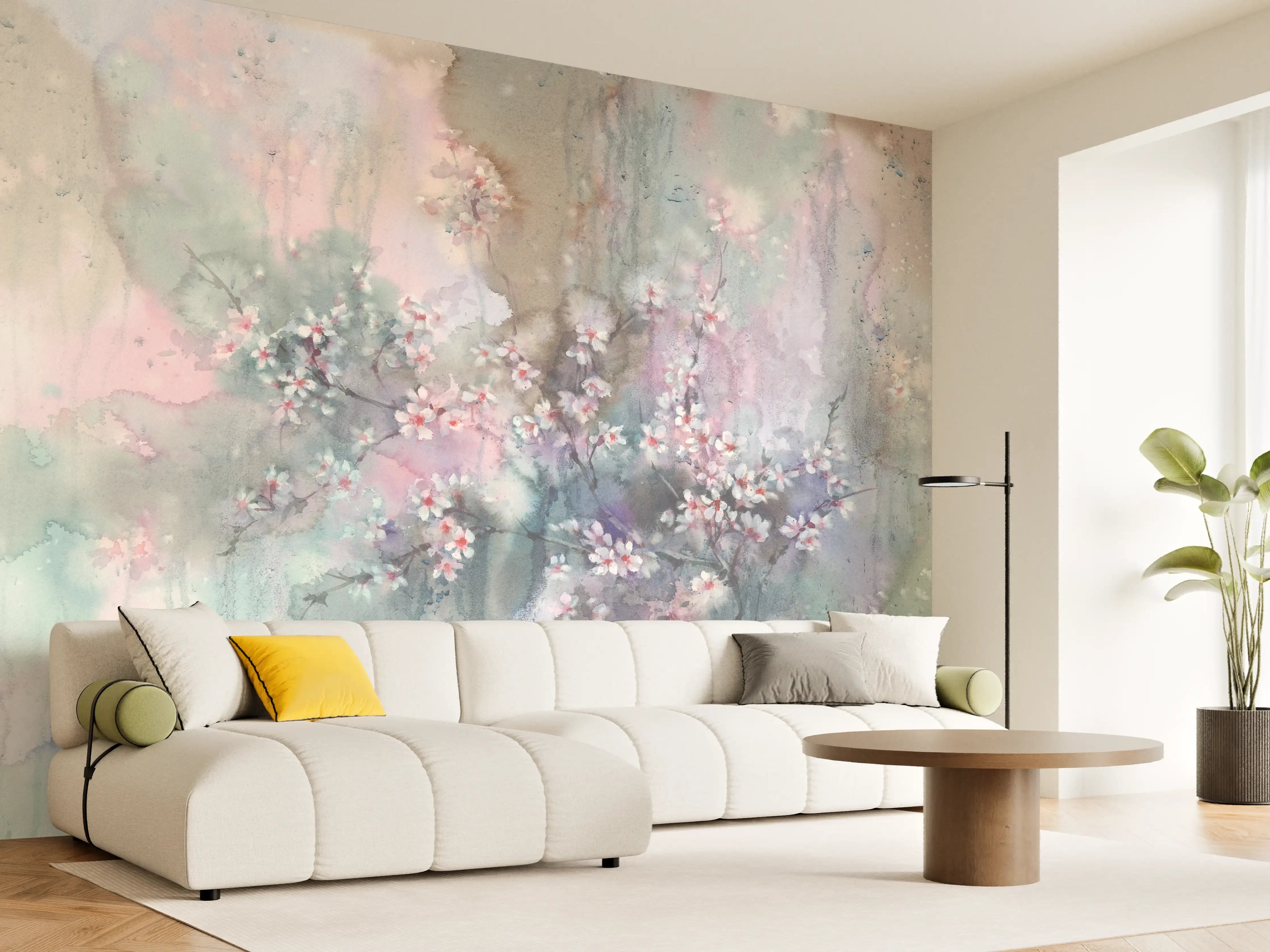 Wandverkleidung Wohnzimmer - Sanfte Frühlingsblüte im Aquarell