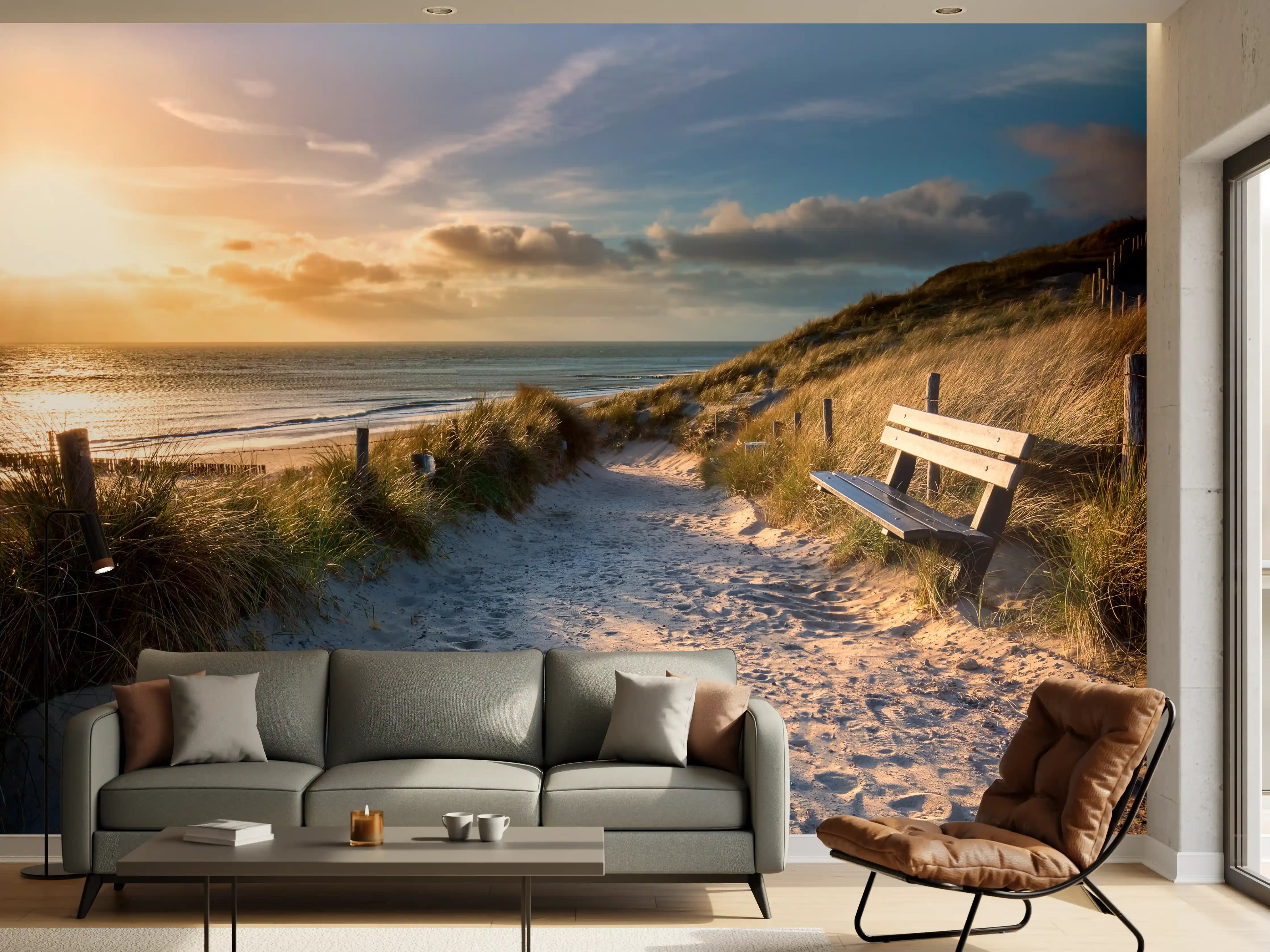 Wandverkleidung Wohnzimmer - Sanfte Grautöne am Sonnenuntergangsandstrand