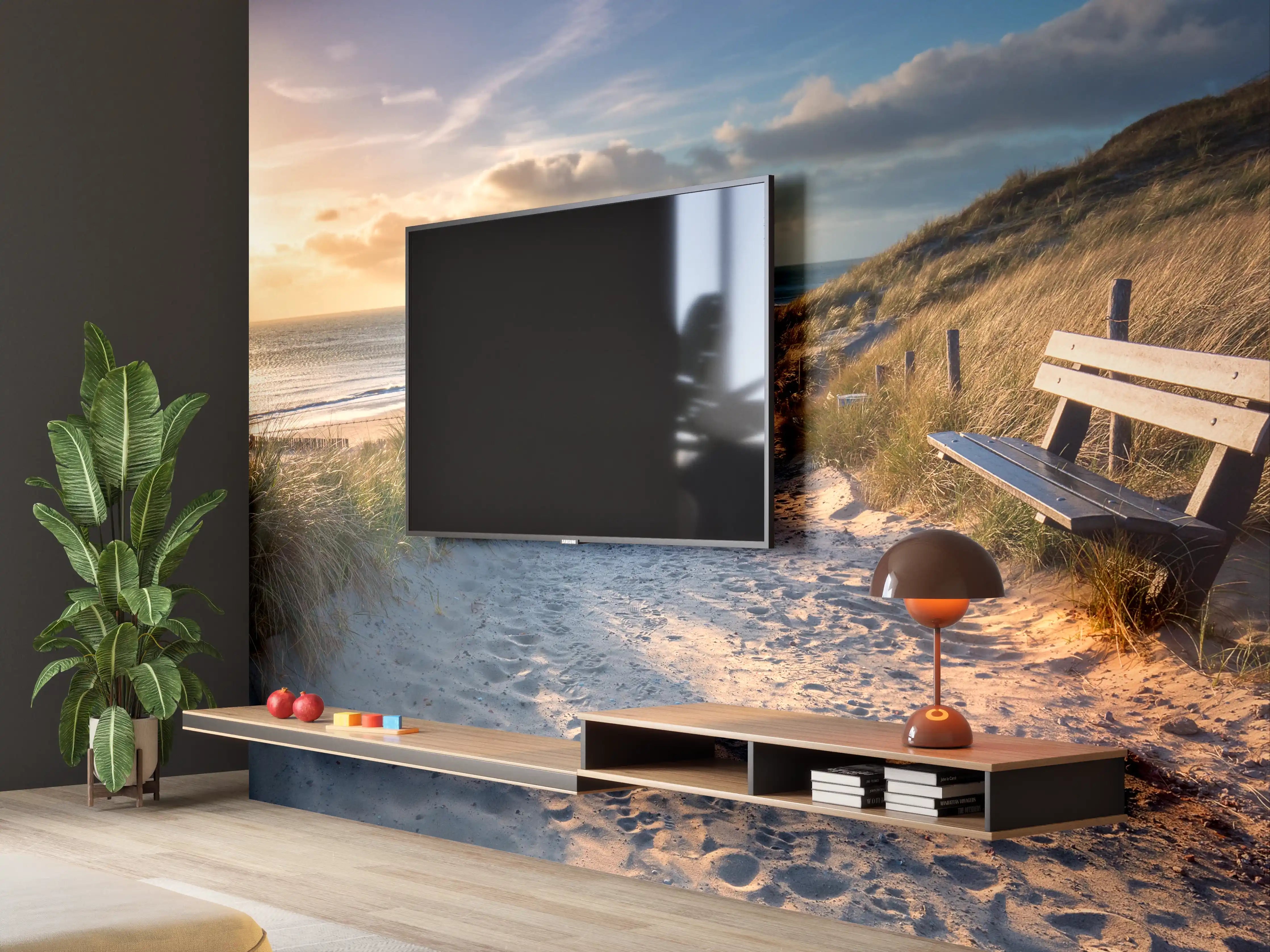 Wandverkleidung Wohnzimmer - Sanfte Grautöne am Sonnenuntergangsandstrand