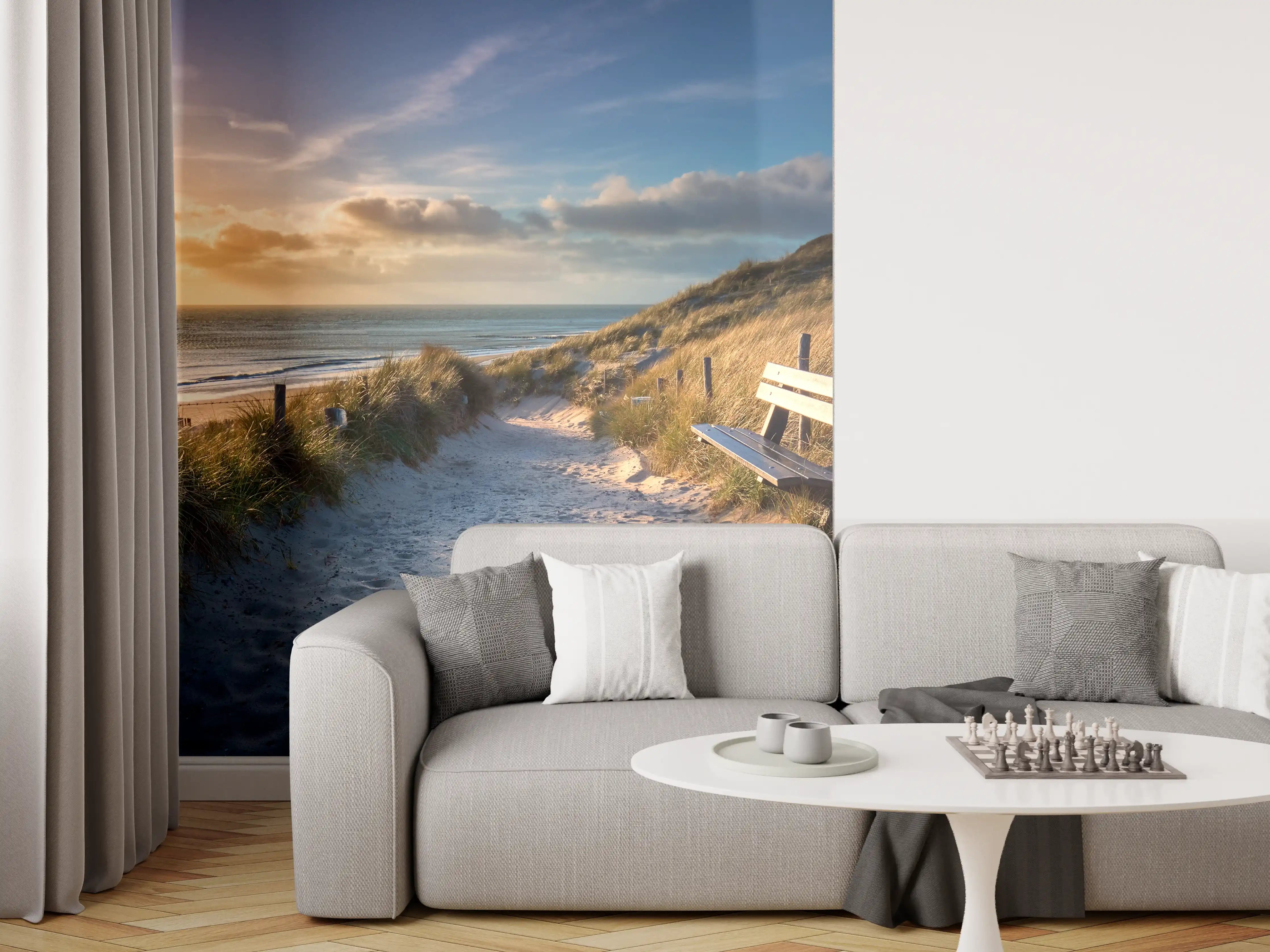 Wandverkleidung Wohnzimmer - Sanfte Grautöne am Sonnenuntergangsandstrand