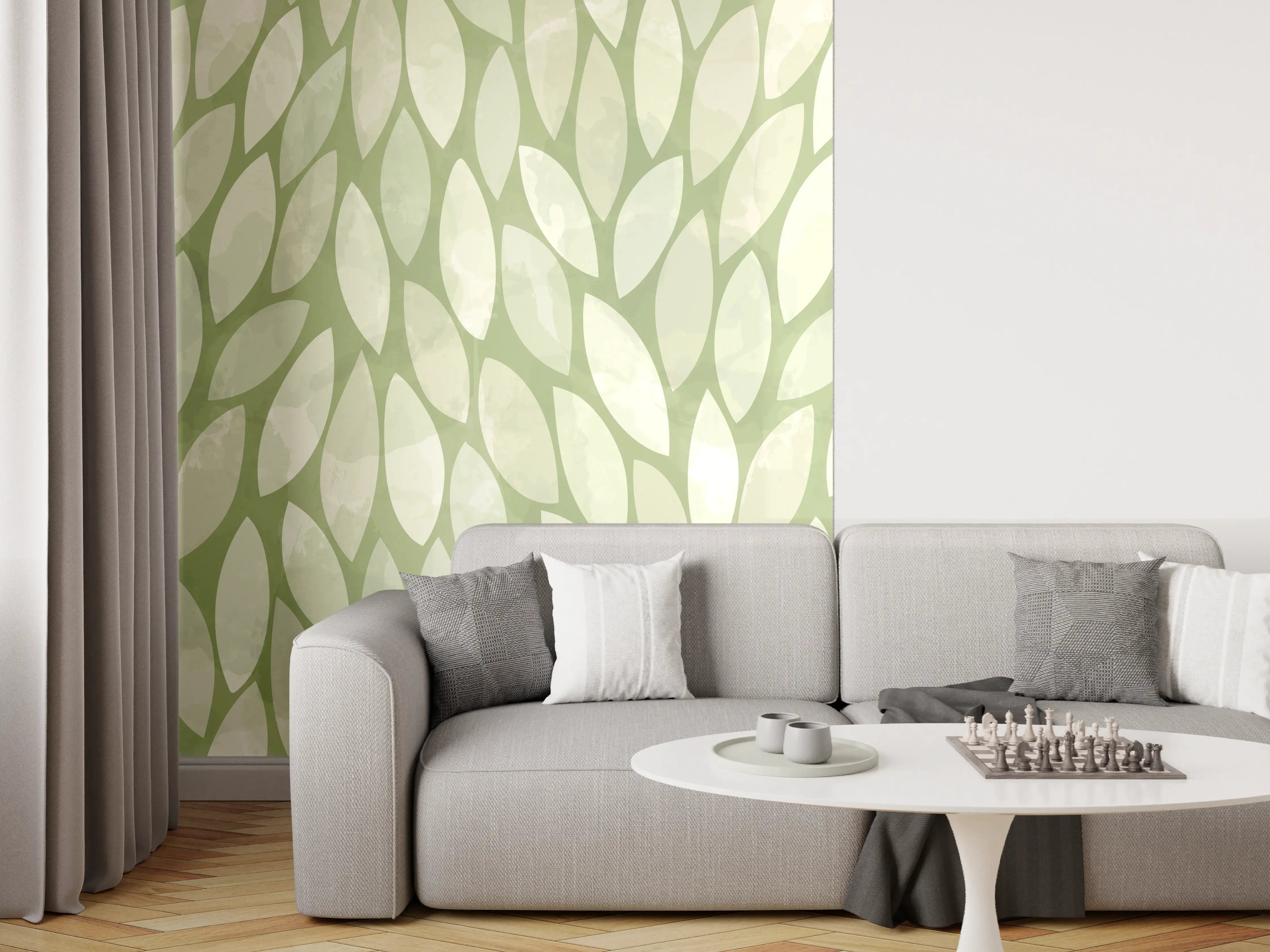 Wandverkleidung Wohnzimmer - Sanfte Grautöne im Blättermuster