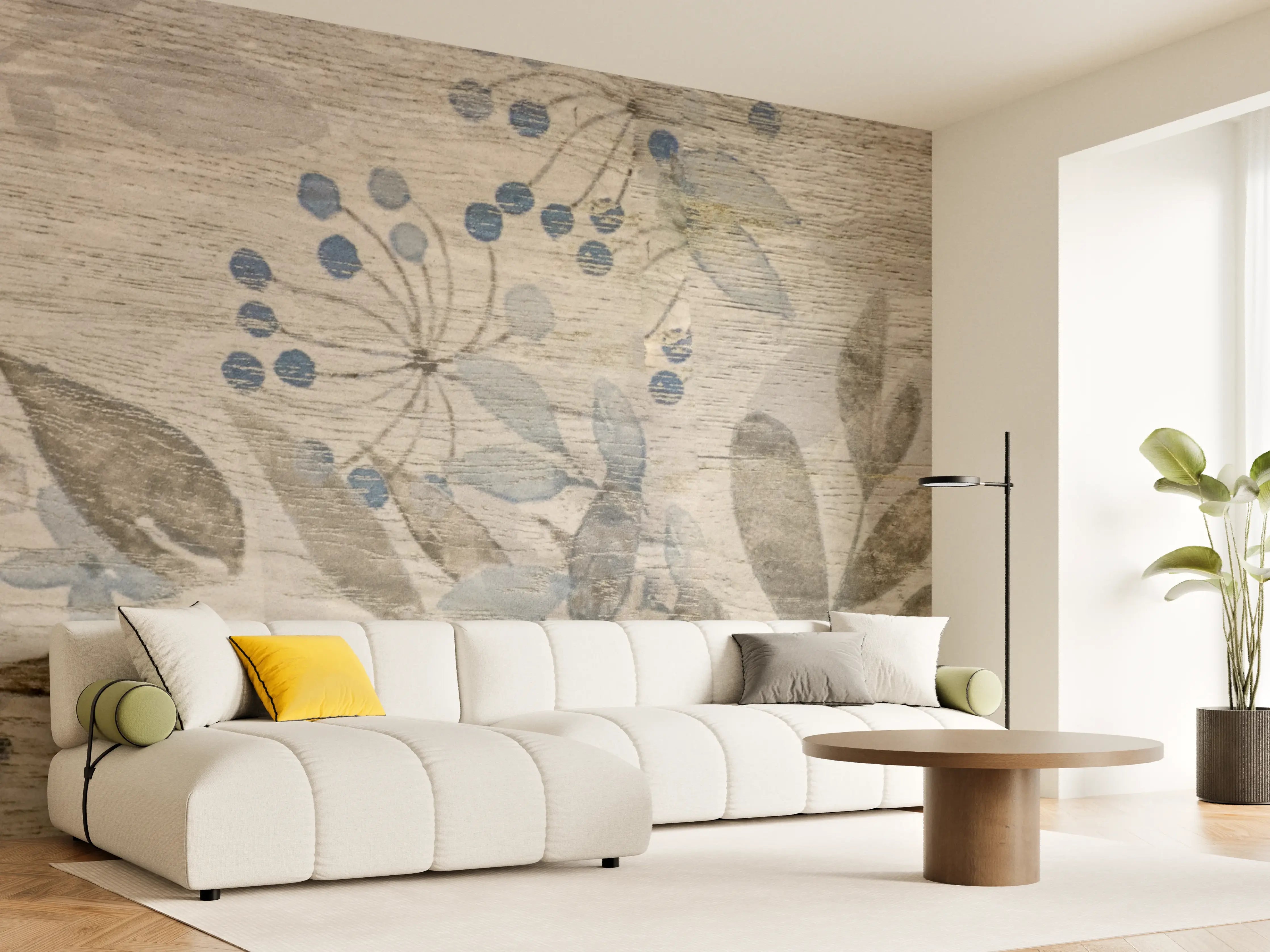 Wandverkleidung Wohnzimmer - Sanfte Holzoptik mit Blumenmuster
