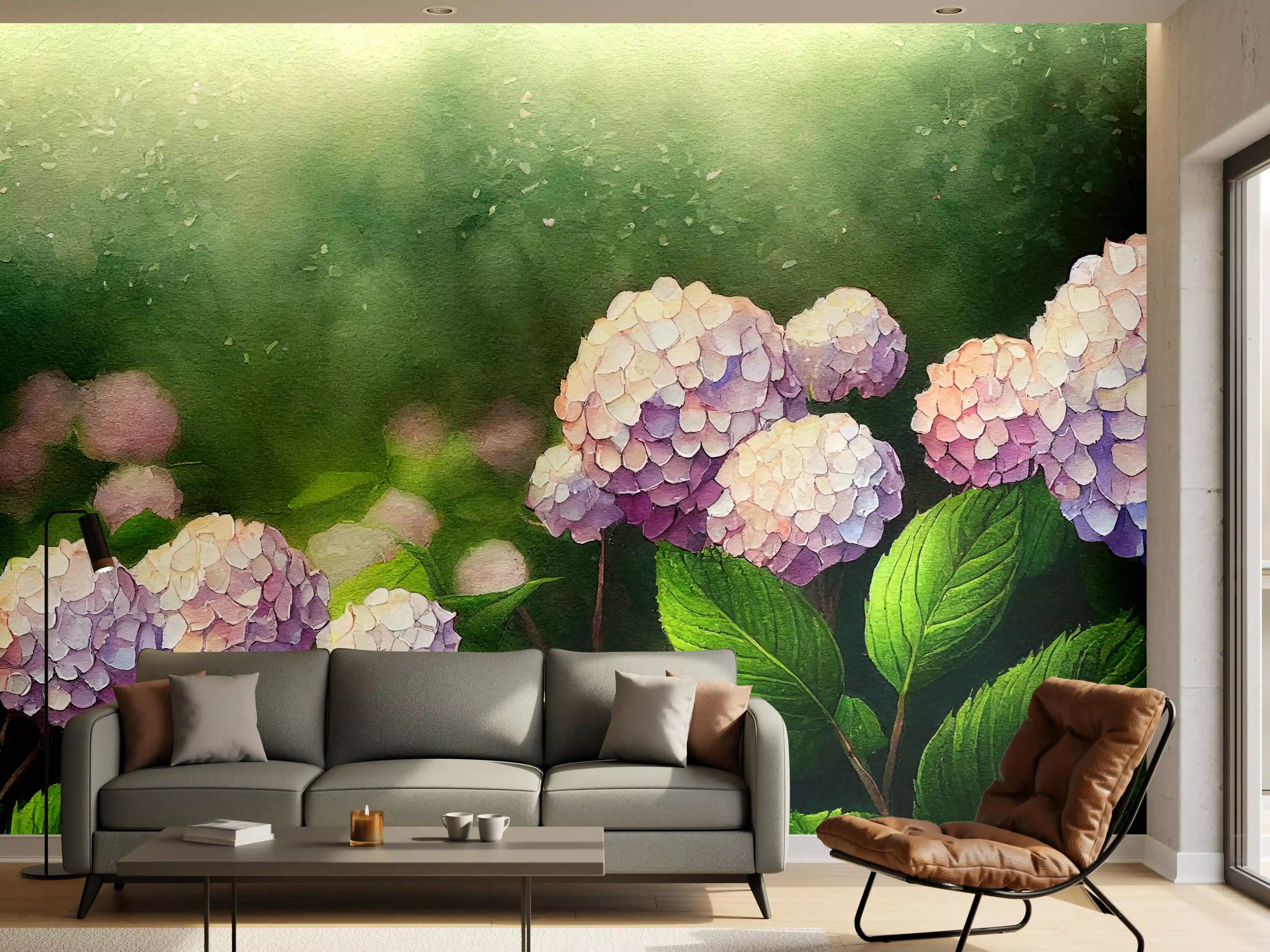 Wandverkleidung Wohnzimmer - Sanfte Hortensien in pastellfarben