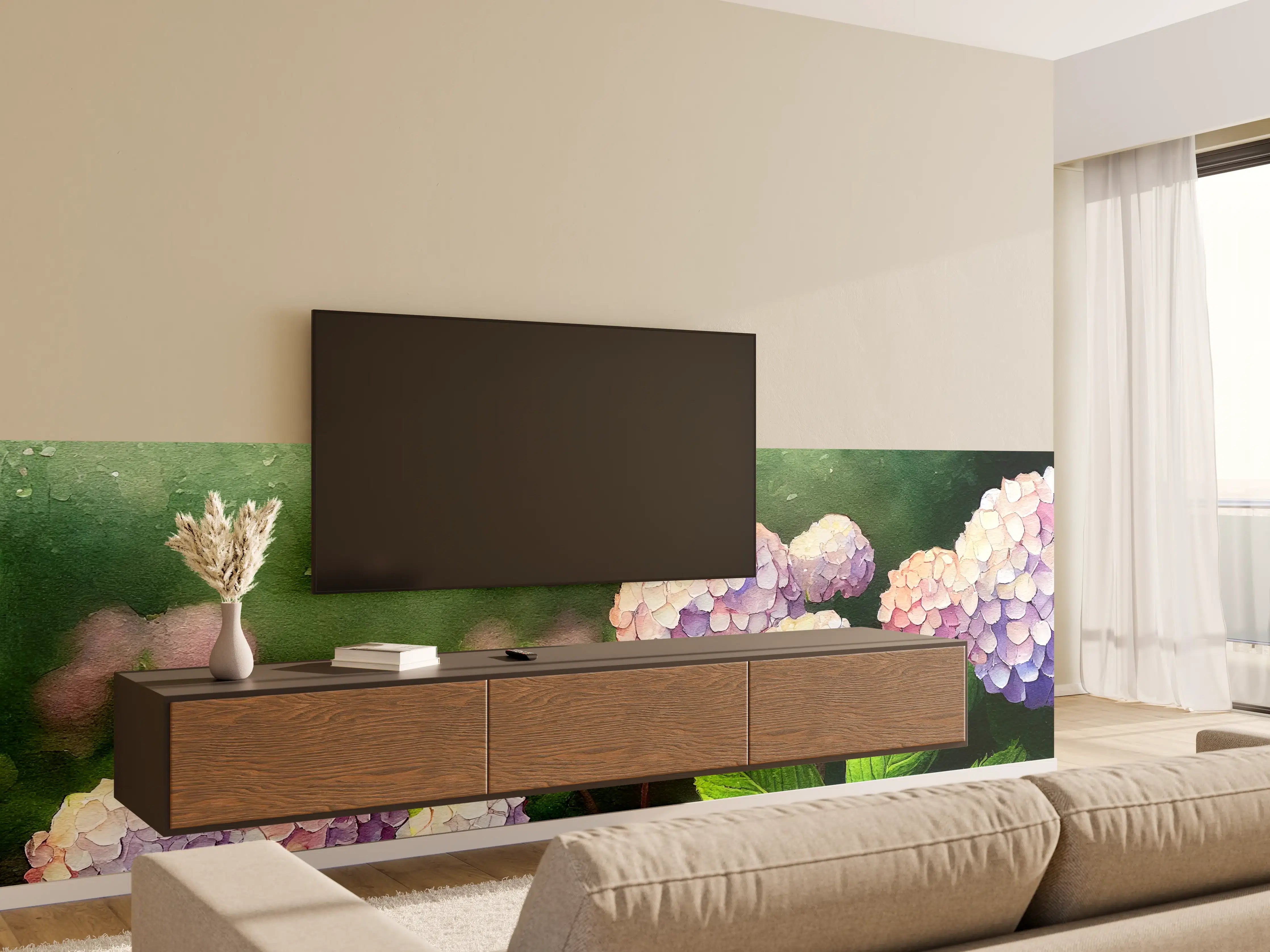 Wandverkleidung Wohnzimmer - Sanfte Hortensien in pastellfarben