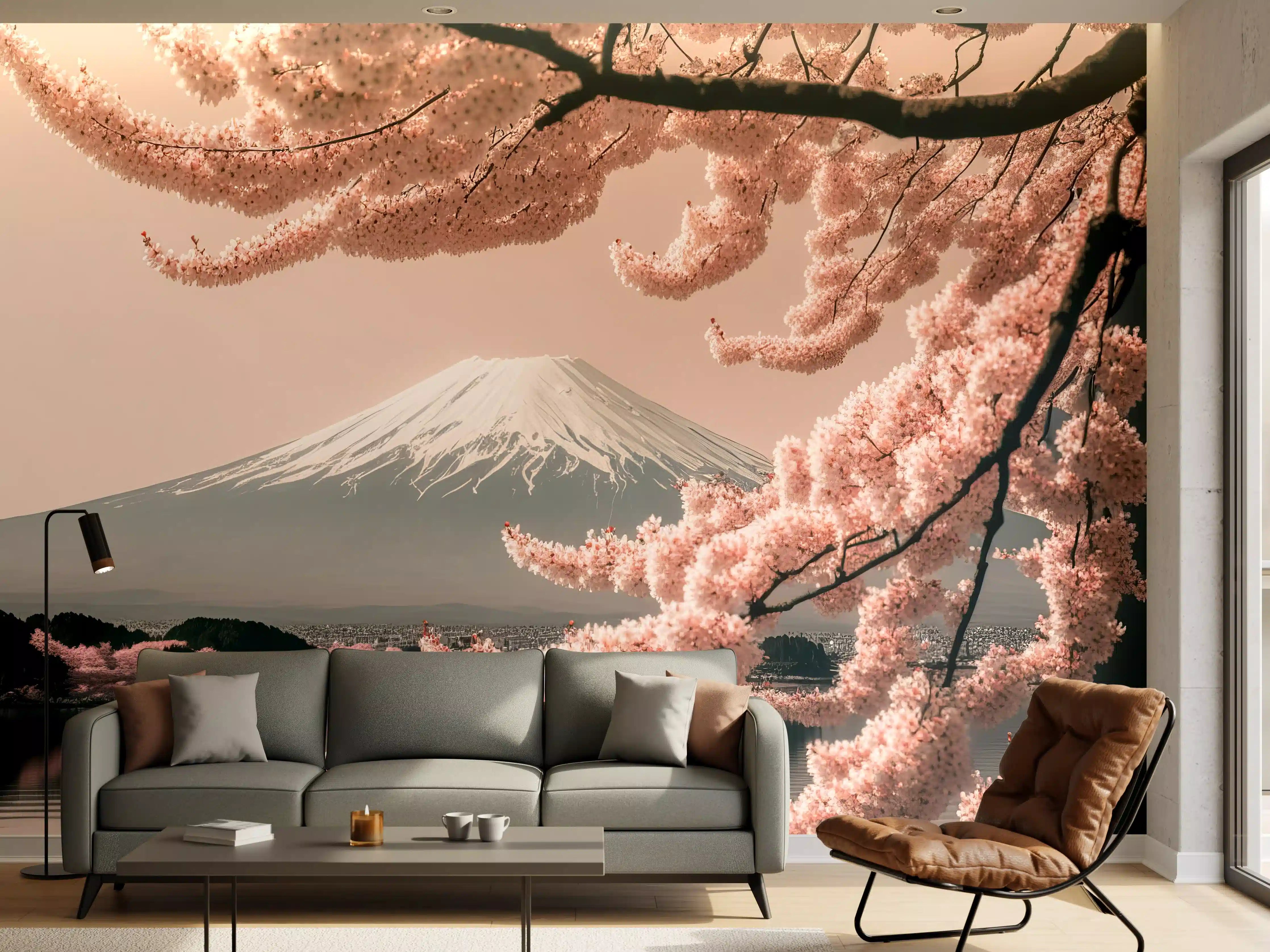Wandverkleidung Wohnzimmer - Sanfte Kirschblüten mit Mount Fuji im Hintergrund