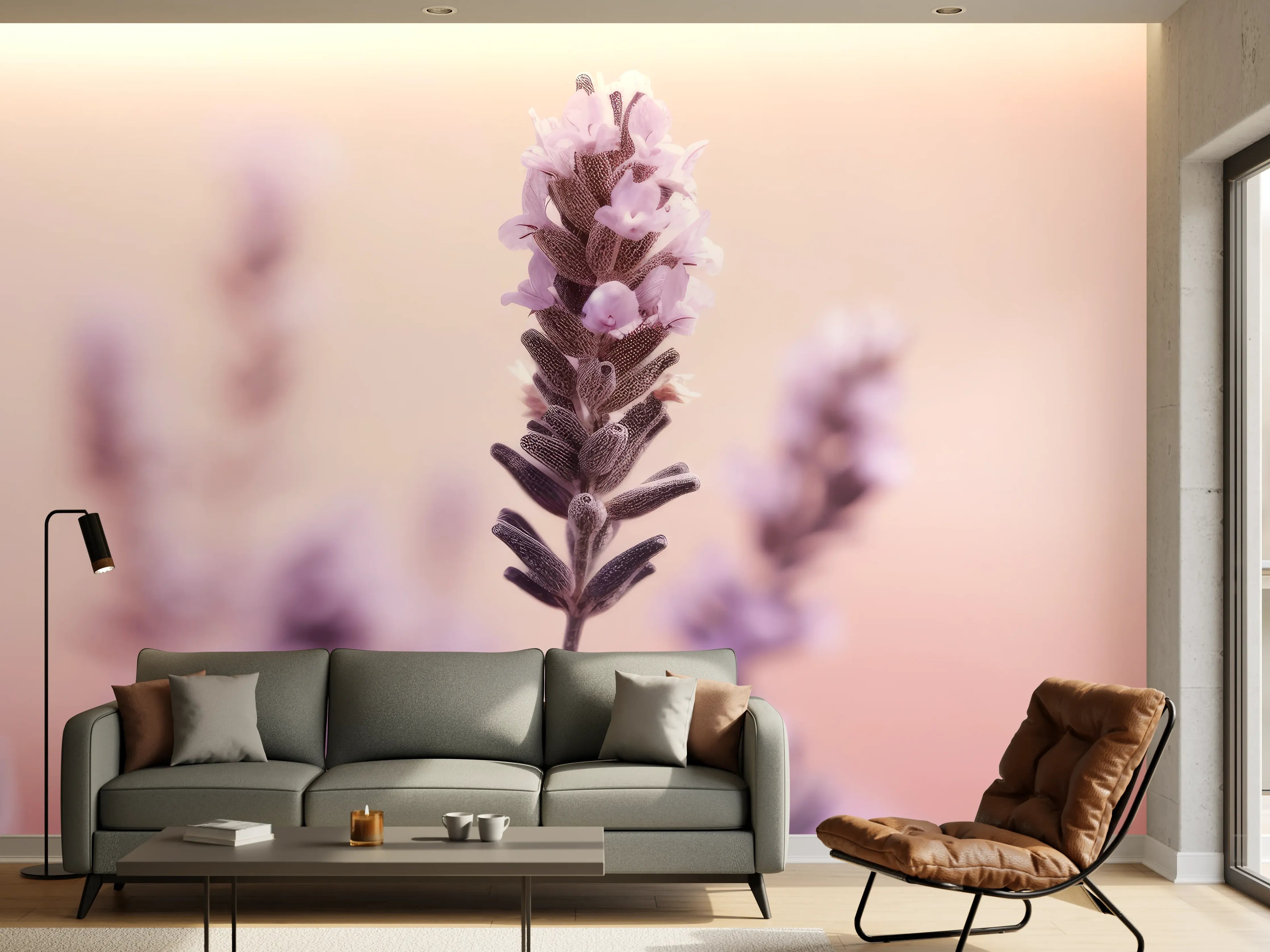 Wandverkleidung Wohnzimmer - Sanfte Lavendelblüte in Pastellfarben