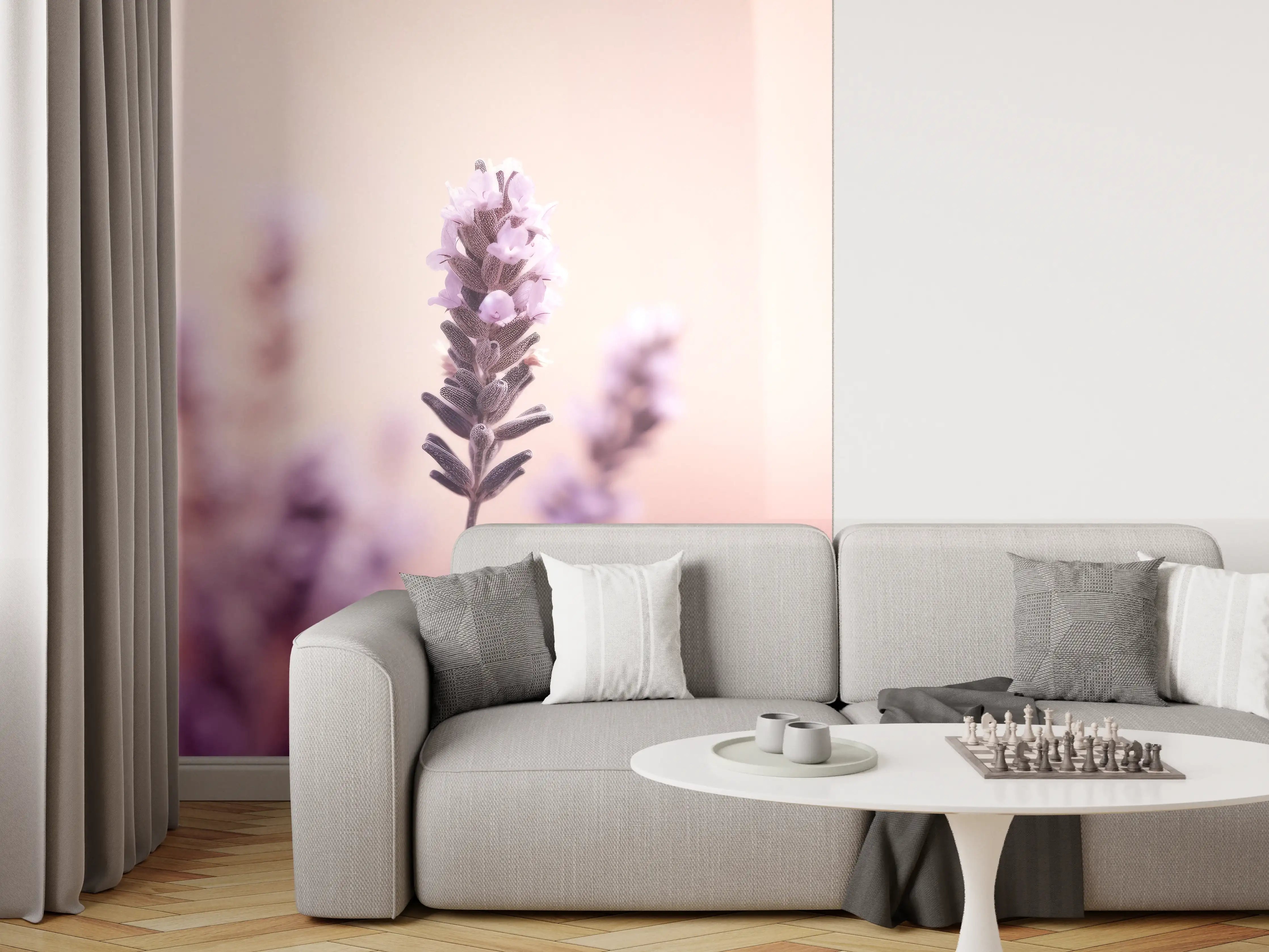 Wandverkleidung Wohnzimmer - Sanfte Lavendelblüte in Pastellfarben