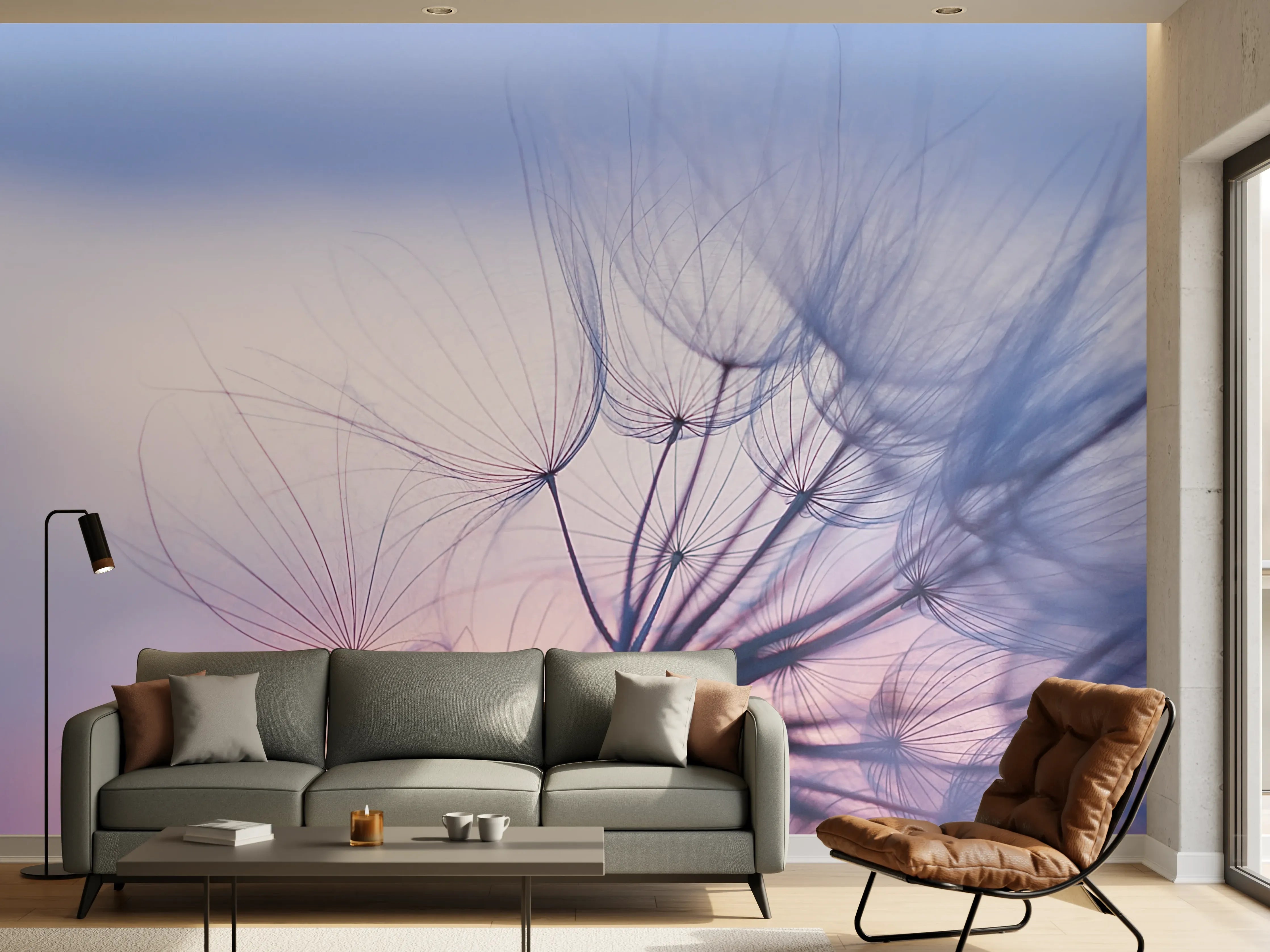 Wandverkleidung Wohnzimmer - Sanfte Luftaufnahme eines Pusteblaues bei Sonnenuntergang