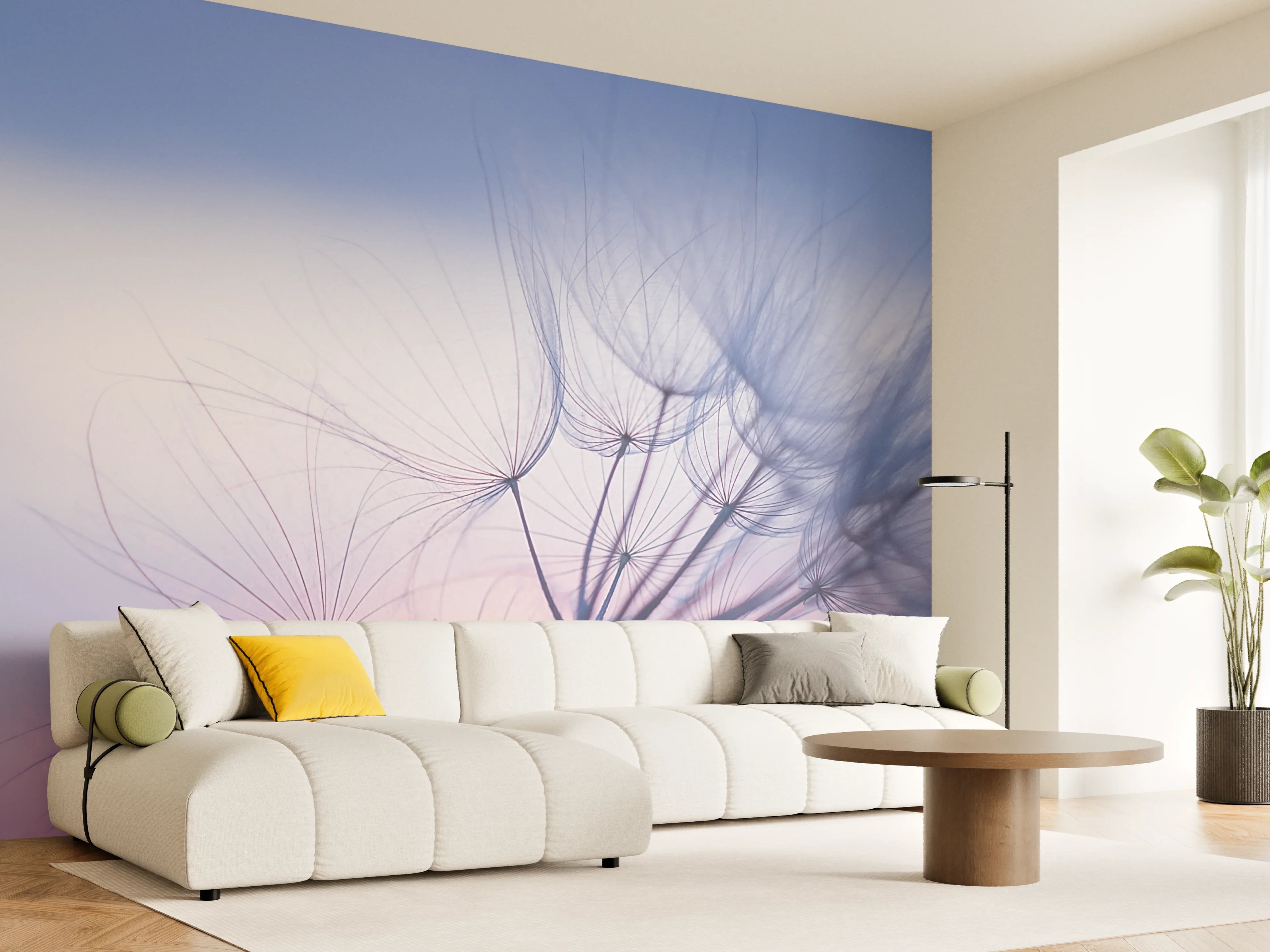 Wandverkleidung Wohnzimmer - Sanfte Luftaufnahme eines Pusteblaues bei Sonnenuntergang
