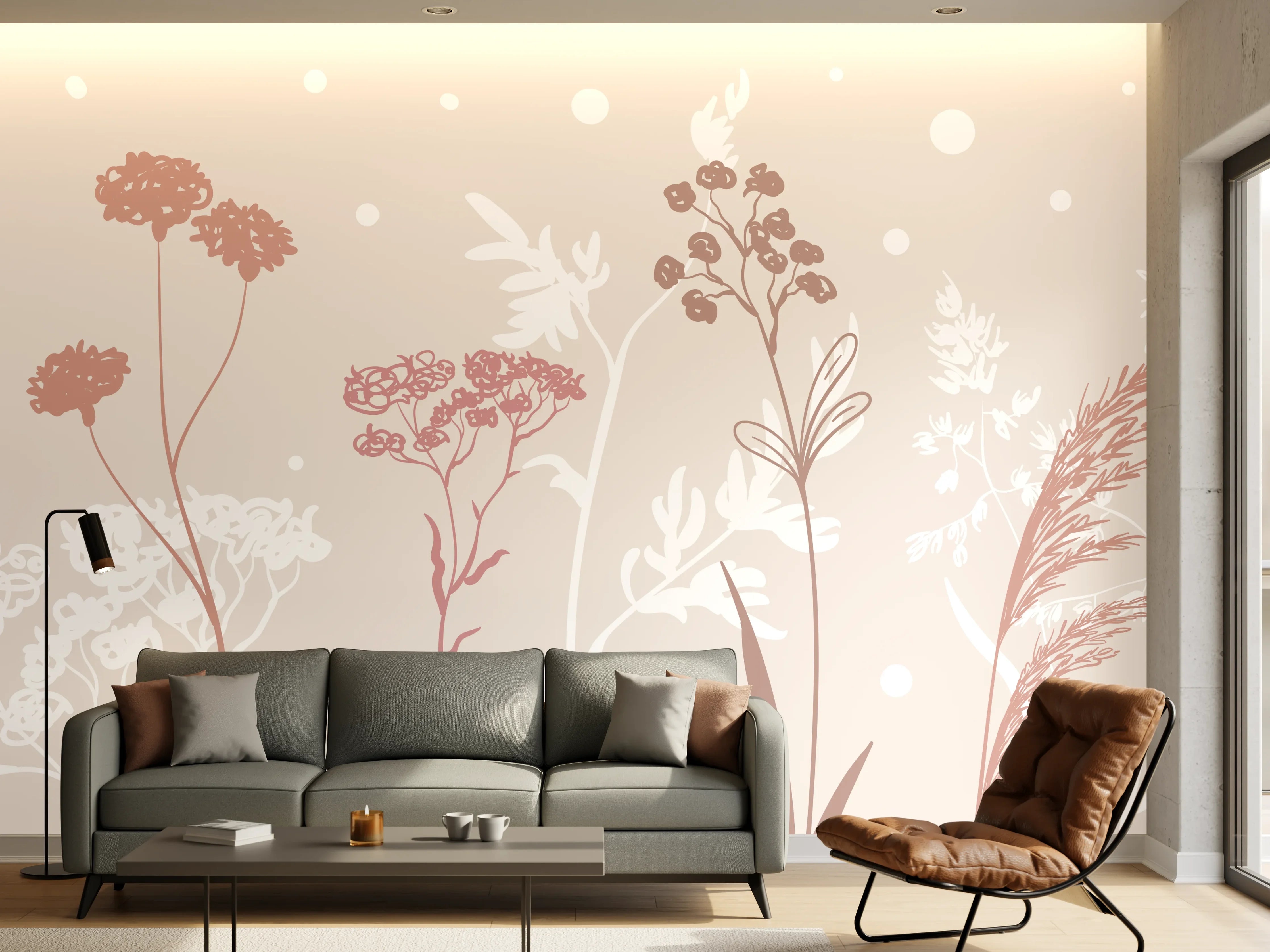 Wandverkleidung Wohnzimmer - Sanfte Pastell-Blumen-Illustration