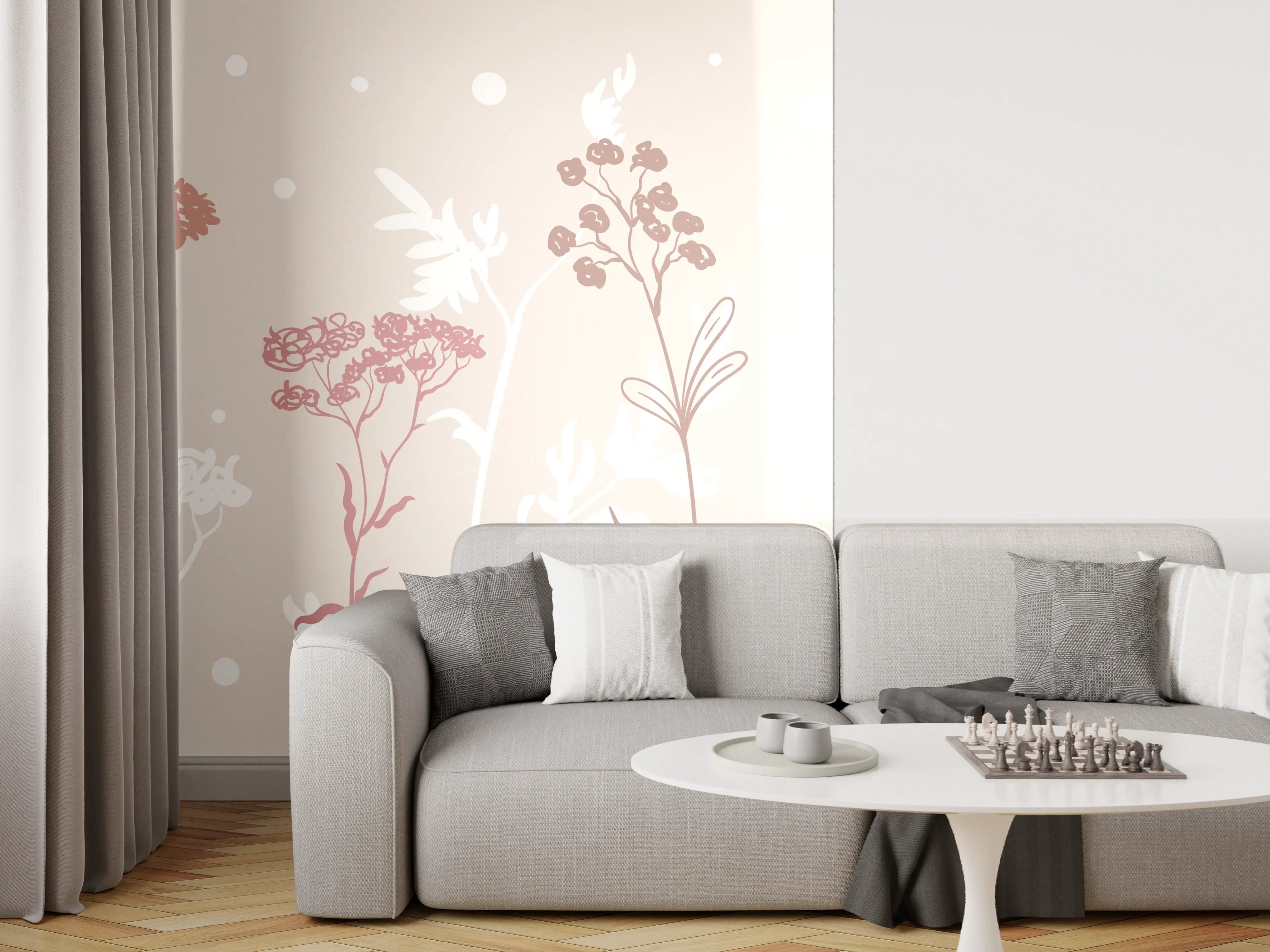 Wandverkleidung Wohnzimmer - Sanfte Pastell-Blumen-Illustration
