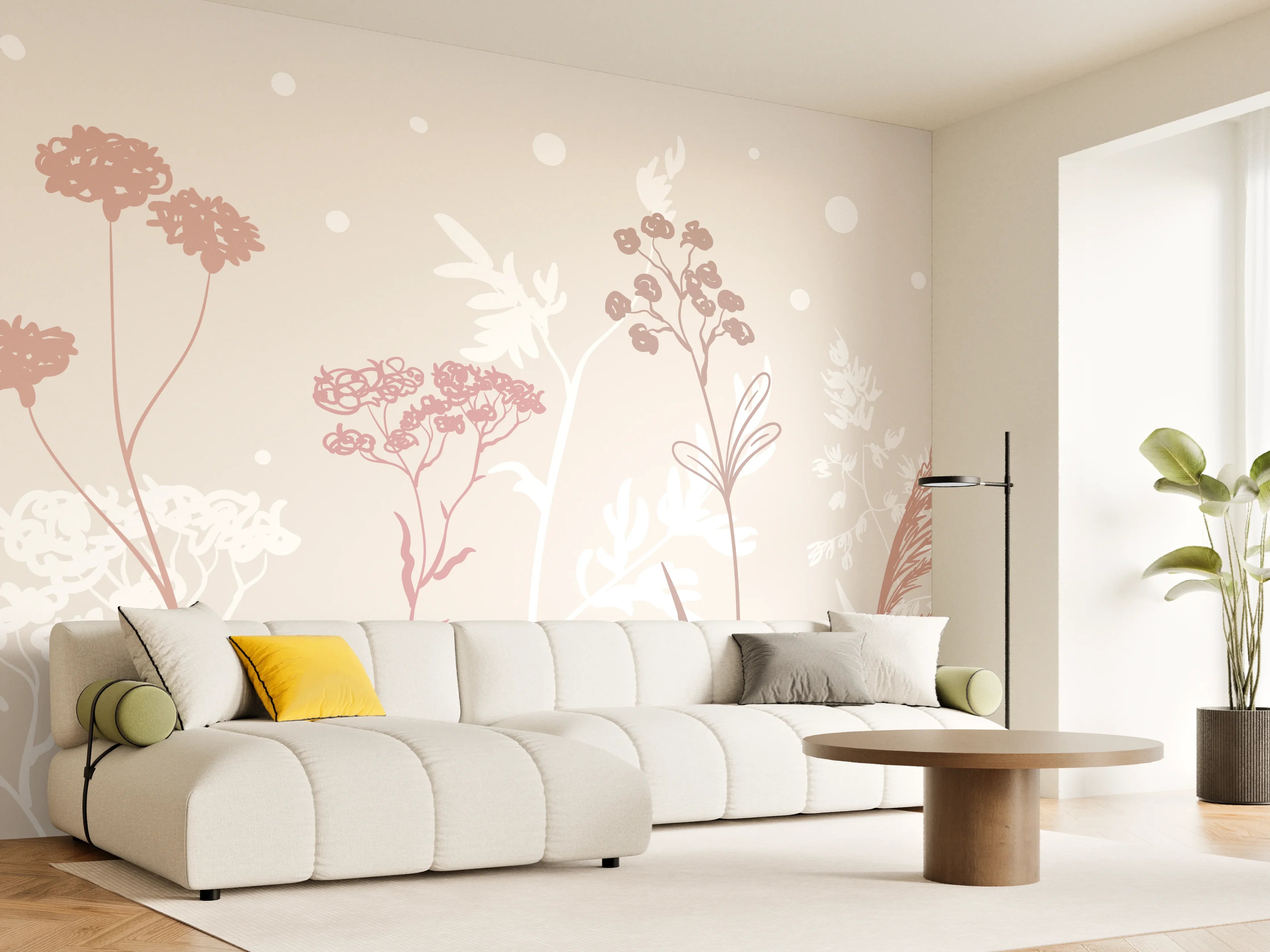Wandverkleidung Wohnzimmer - Sanfte Pastell-Blumen-Illustration