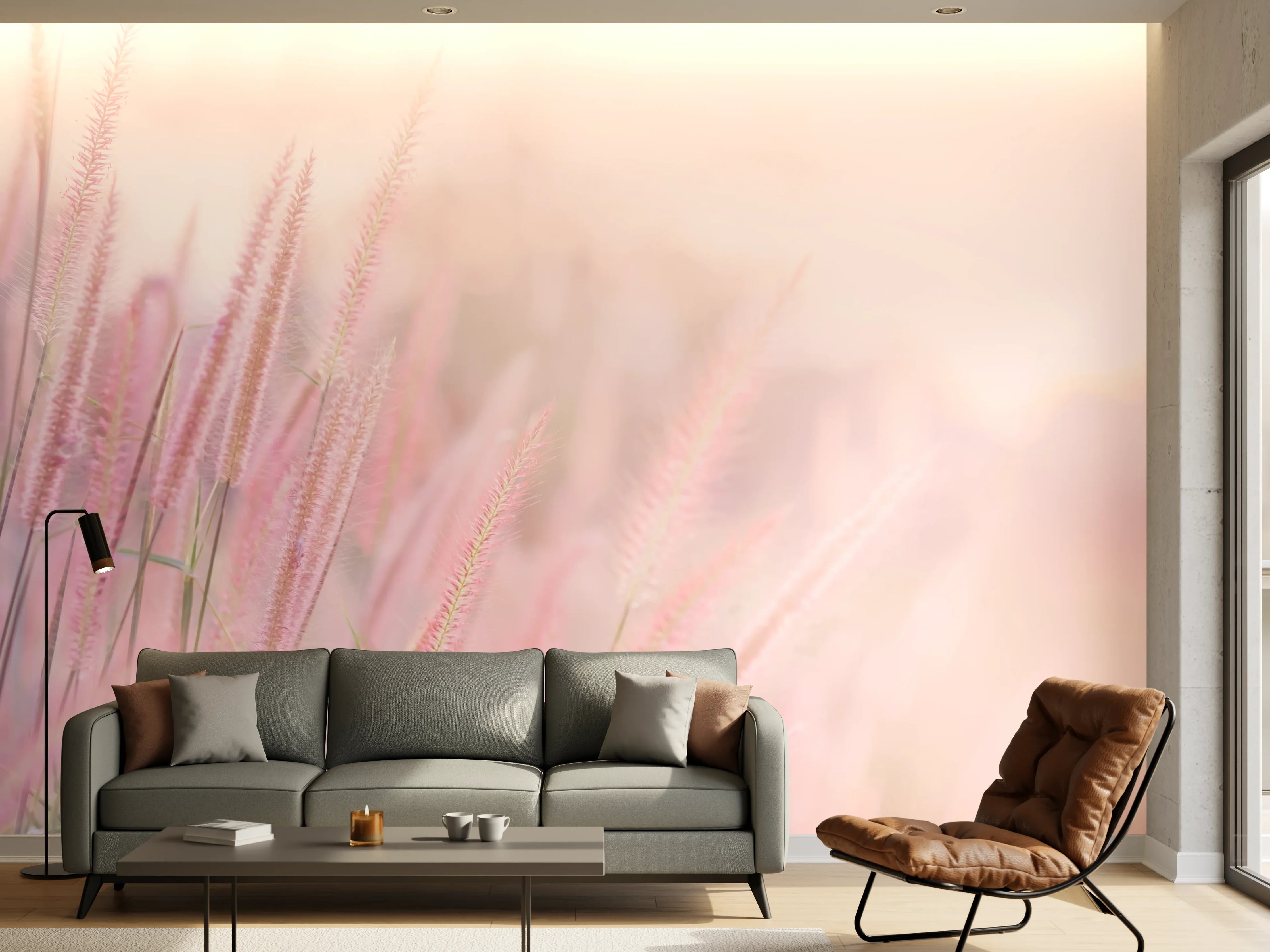 Wandverkleidung Wohnzimmer - Sanfte Pastellblumen im Sonnenlicht