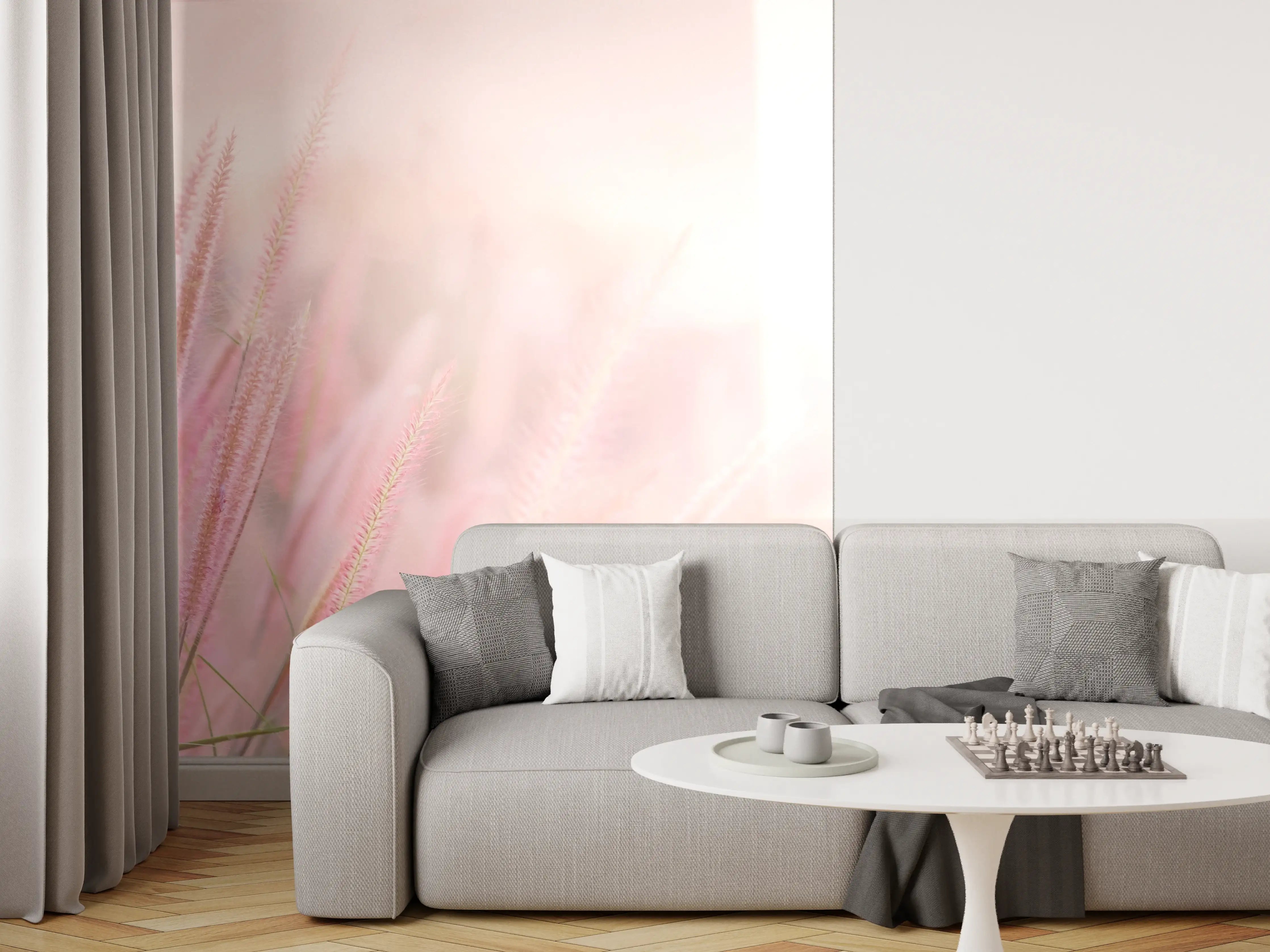 Wandverkleidung Wohnzimmer - Sanfte Pastellblumen im Sonnenlicht