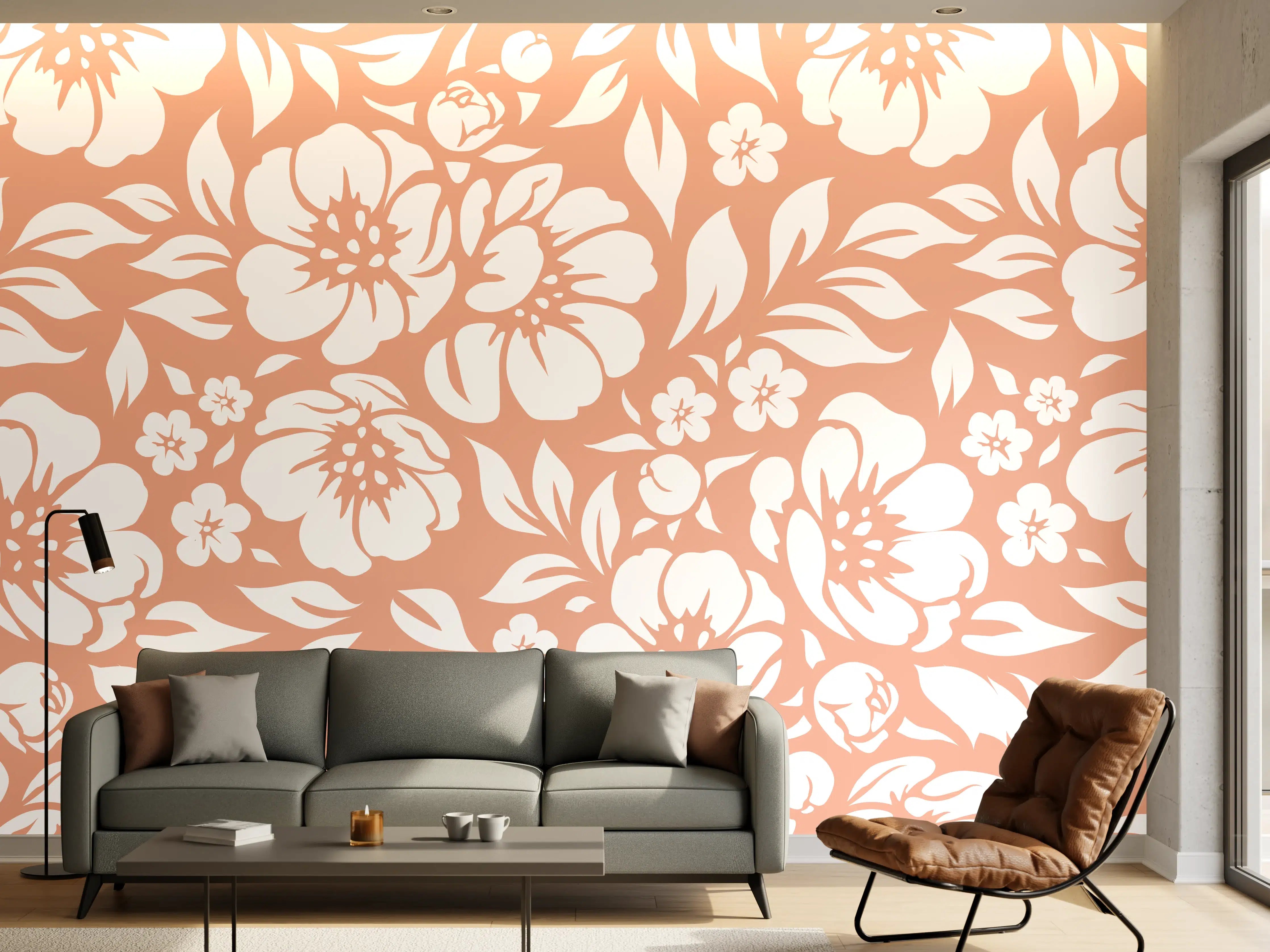 Wandverkleidung Wohnzimmer - Sanfte Pastellblumen in Grau- und Weißtönen