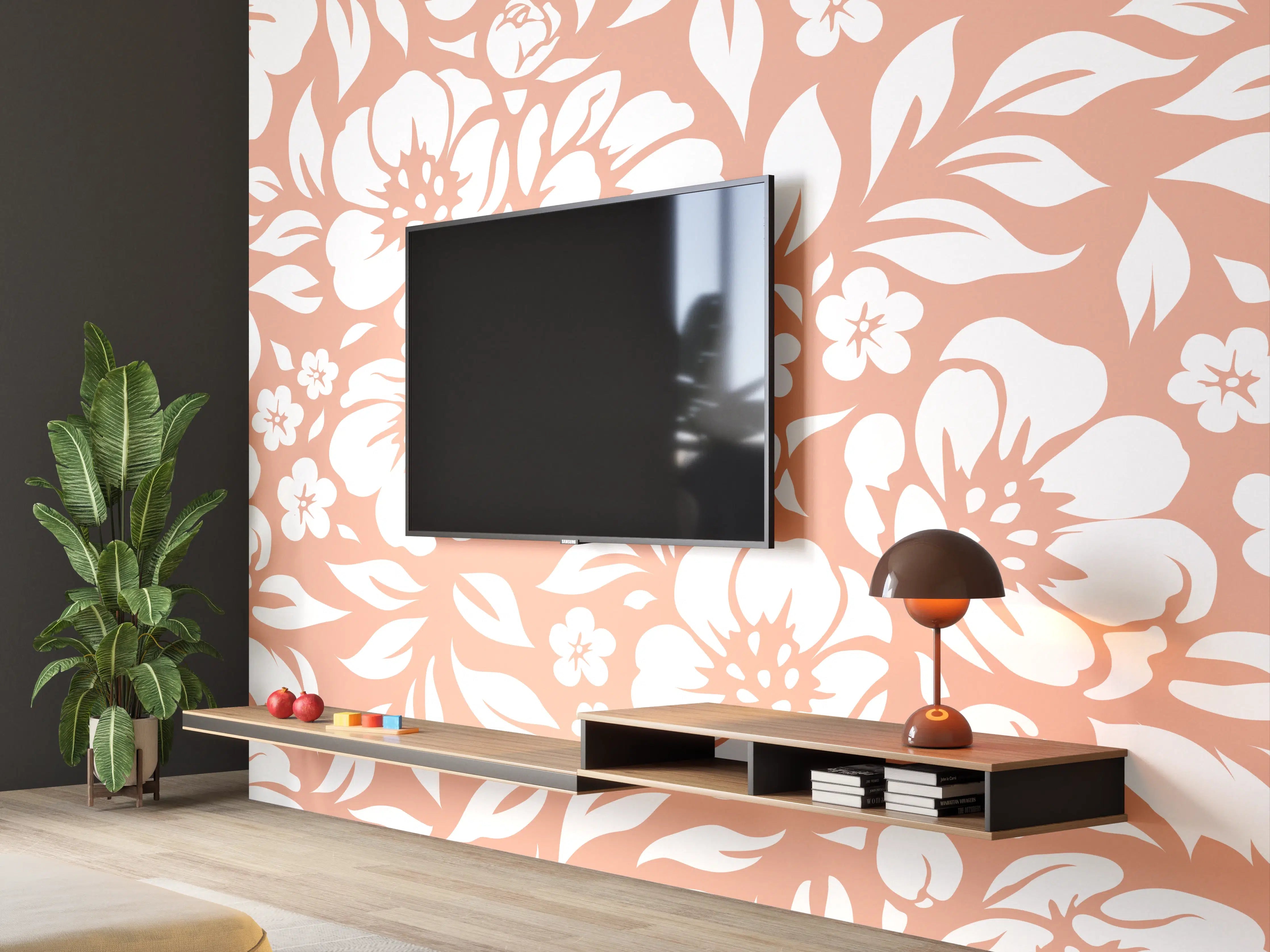 Wandverkleidung Wohnzimmer - Sanfte Pastellblumen in Grau- und Weißtönen