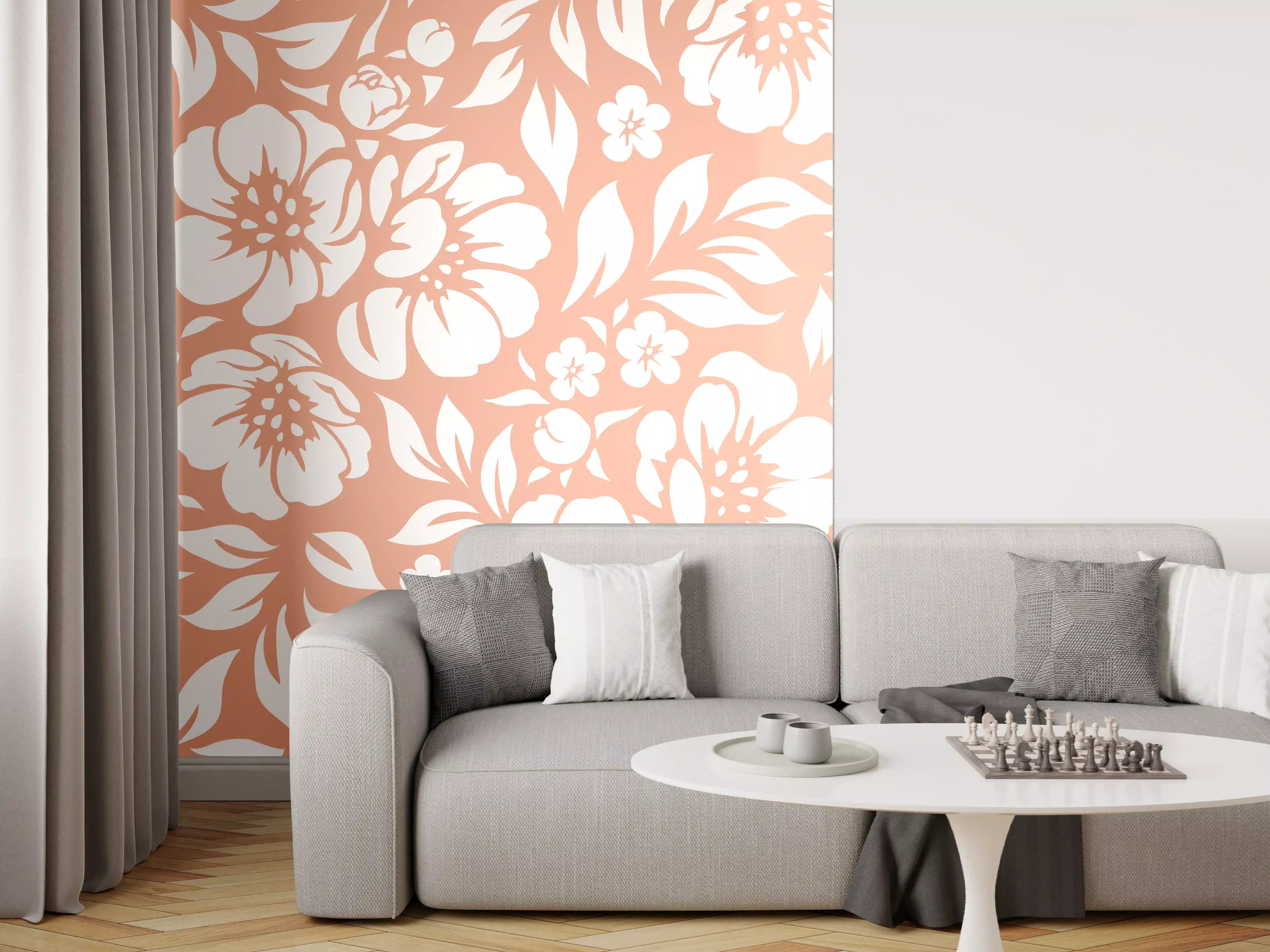 Wandverkleidung Wohnzimmer - Sanfte Pastellblumen in Grau- und Weißtönen