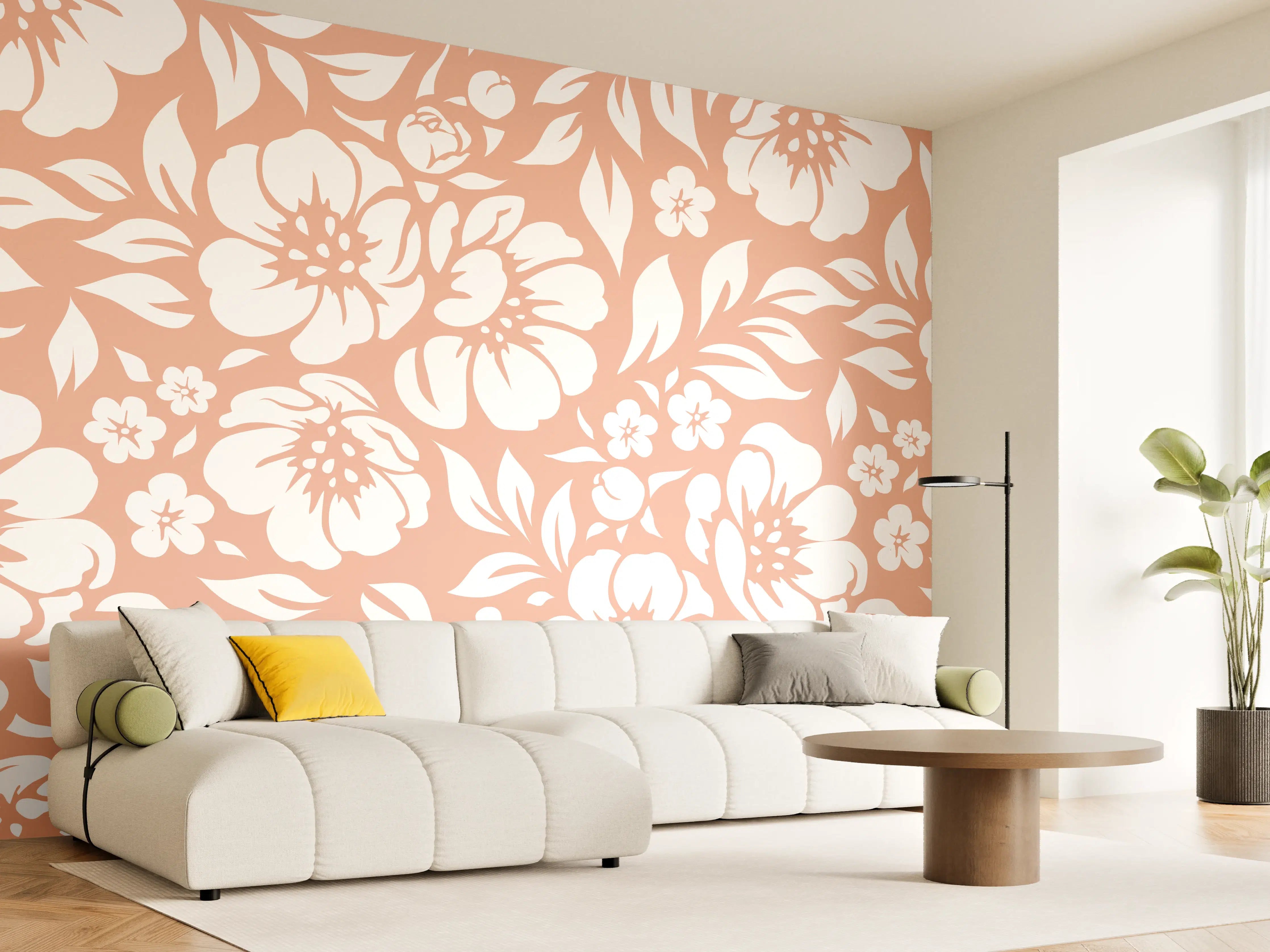 Wandverkleidung Wohnzimmer - Sanfte Pastellblumen in Grau- und Weißtönen