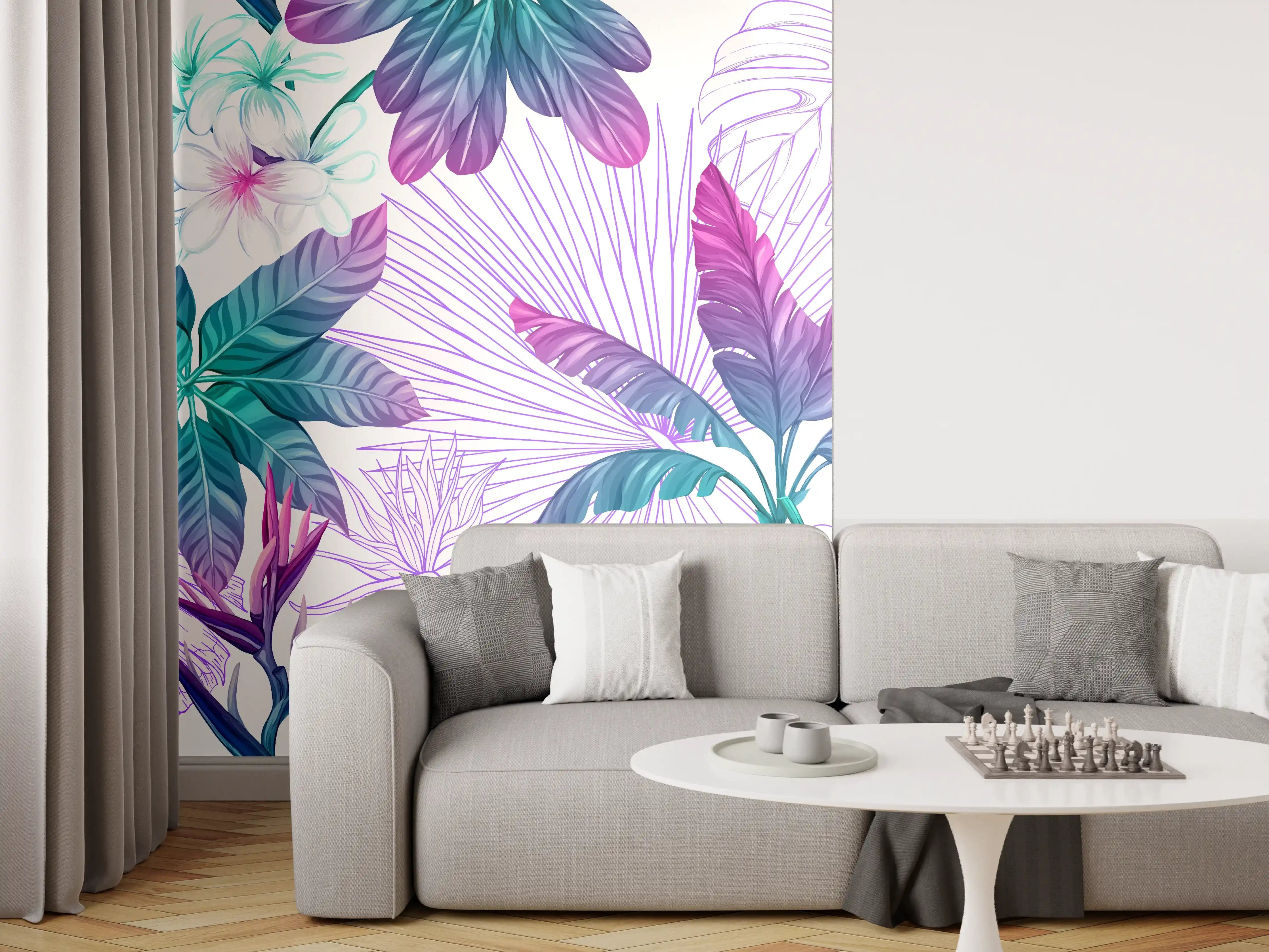 Wandverkleidung Wohnzimmer - Sanfte Pastellblumen mit Grautönen