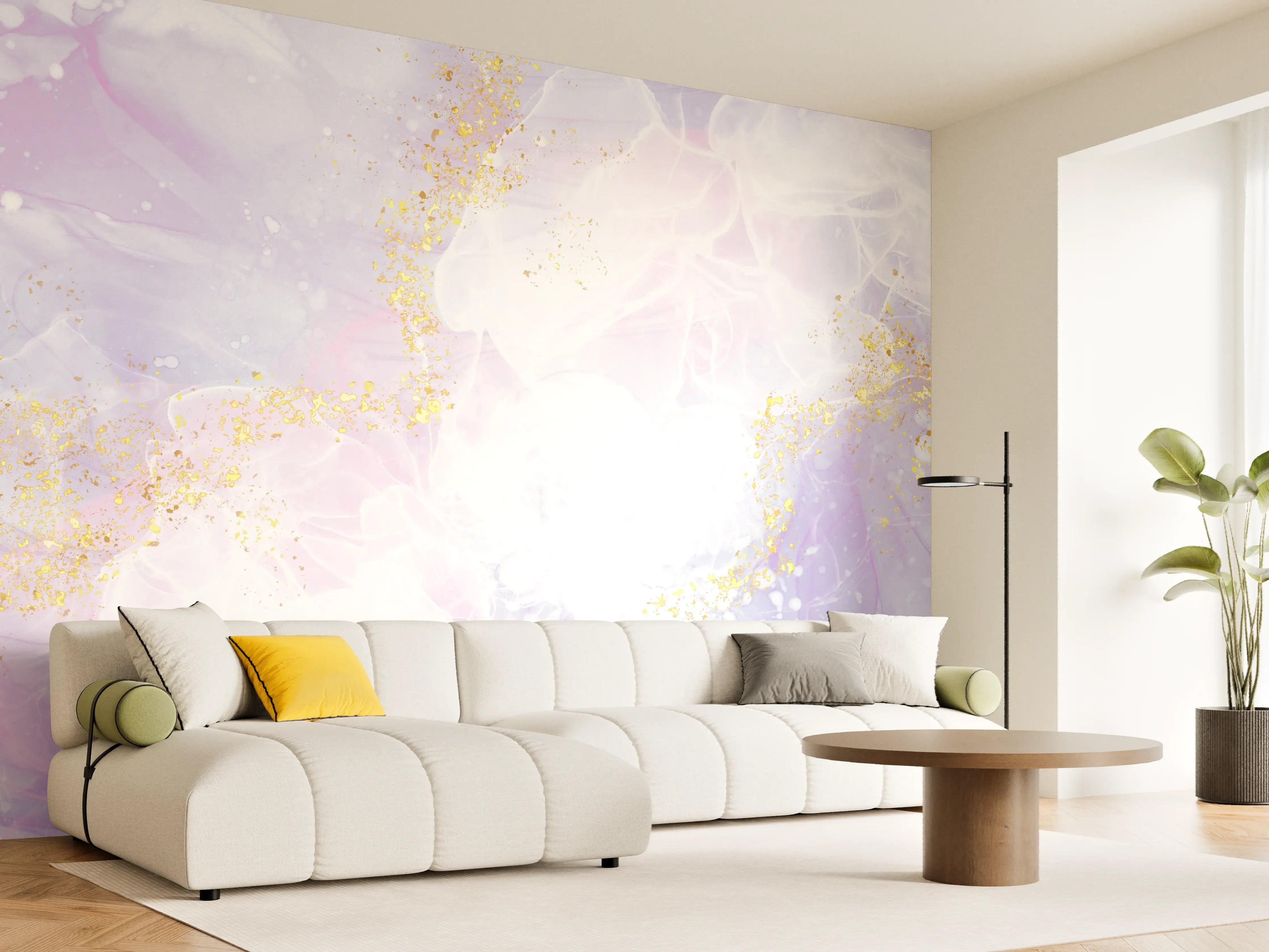 Wandverkleidung Wohnzimmer - Sanfte Pastellfarben mit Goldakzenten