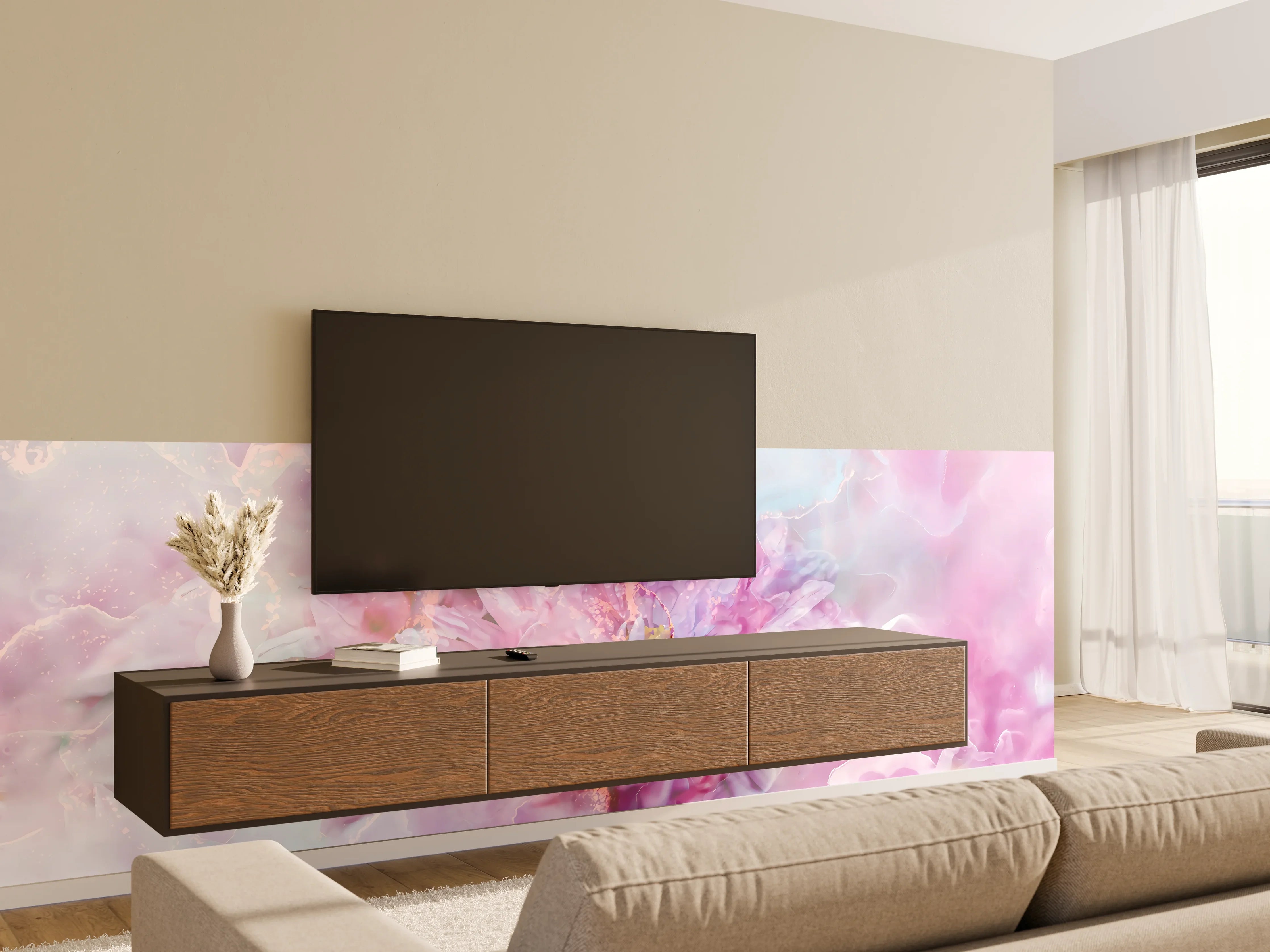 Wandverkleidung Wohnzimmer - Sanfte Pastellfarben, Blumenmotiv