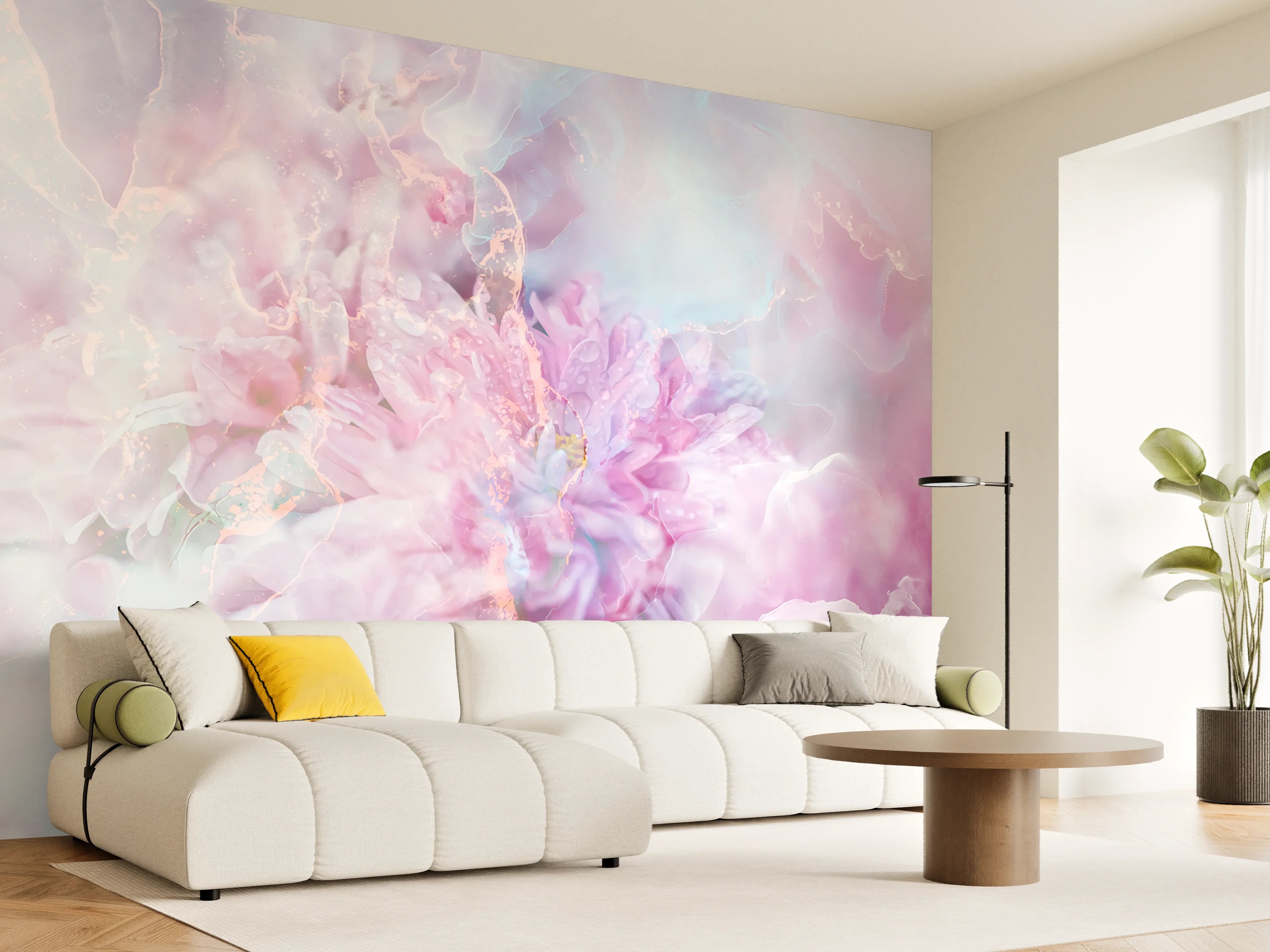 Wandverkleidung Wohnzimmer - Sanfte Pastellfarben, Blumenmotiv