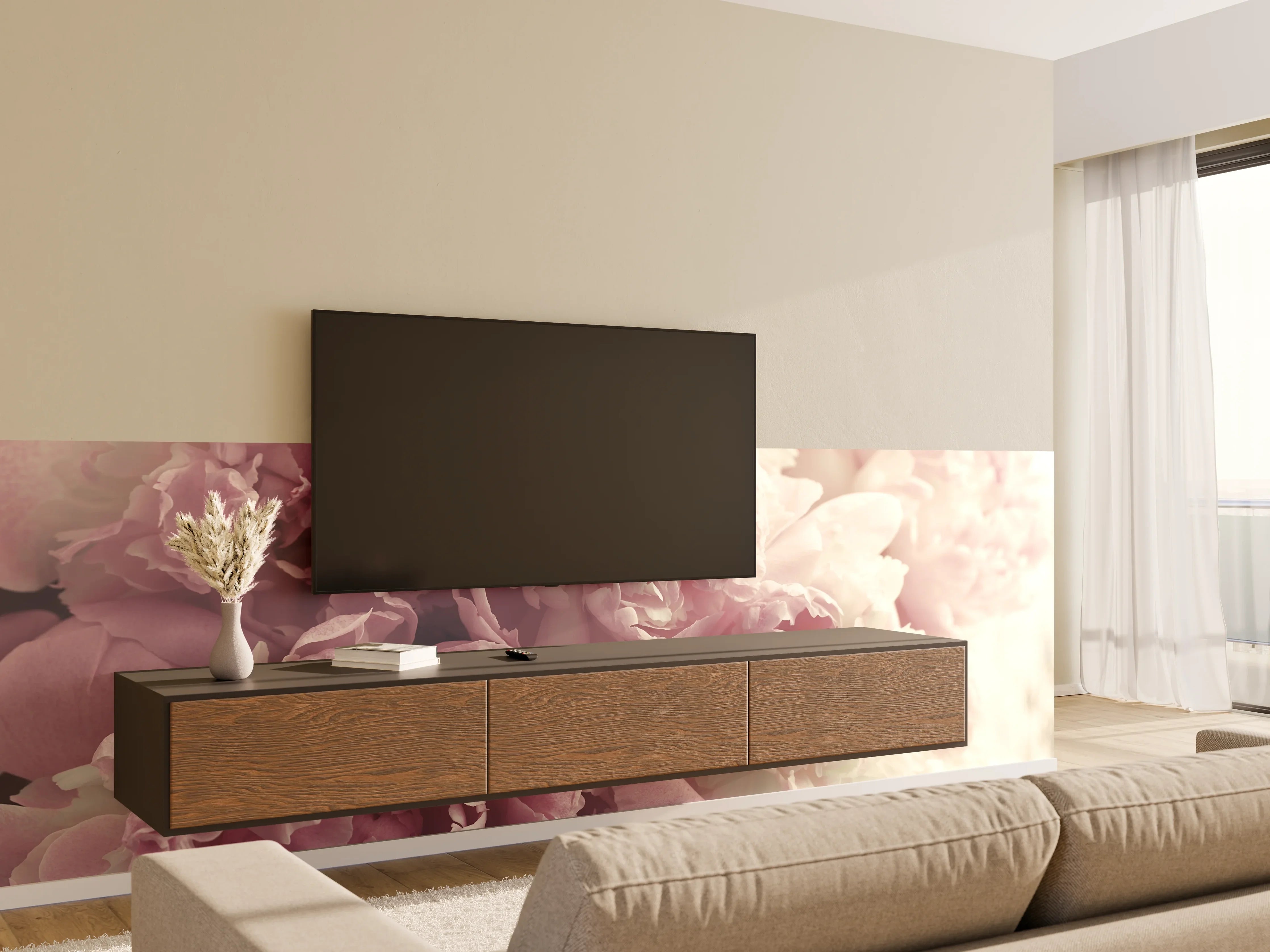 Wandverkleidung Wohnzimmer - Sanfte Pfingstrosen in zarten Pastellfarben