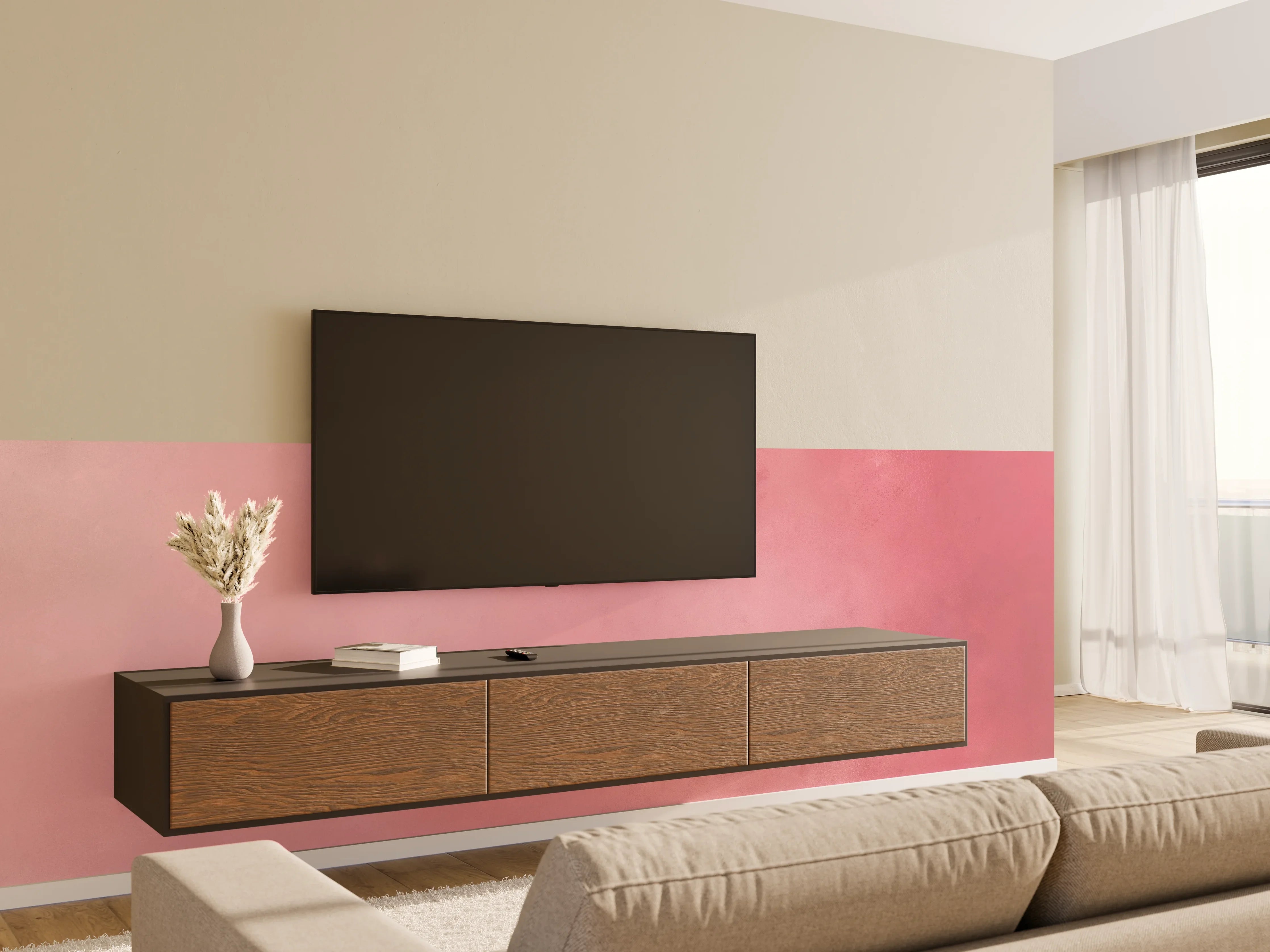 Wandverkleidung Wohnzimmer - Sanfte Pinktöne im Wasserfarben-Design