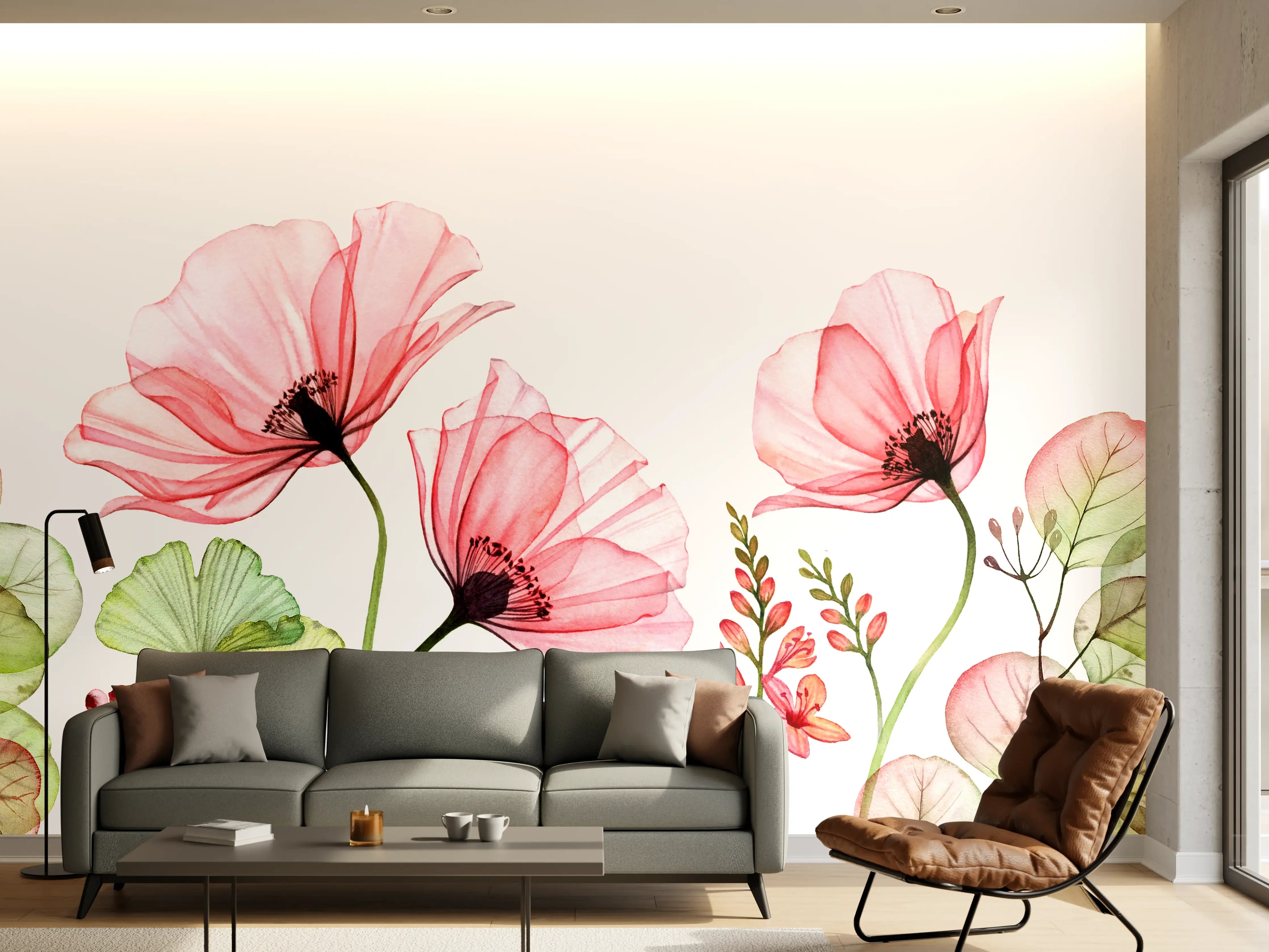 Wandverkleidung Wohnzimmer - Sanfte Wasserfarben Blumenmotive