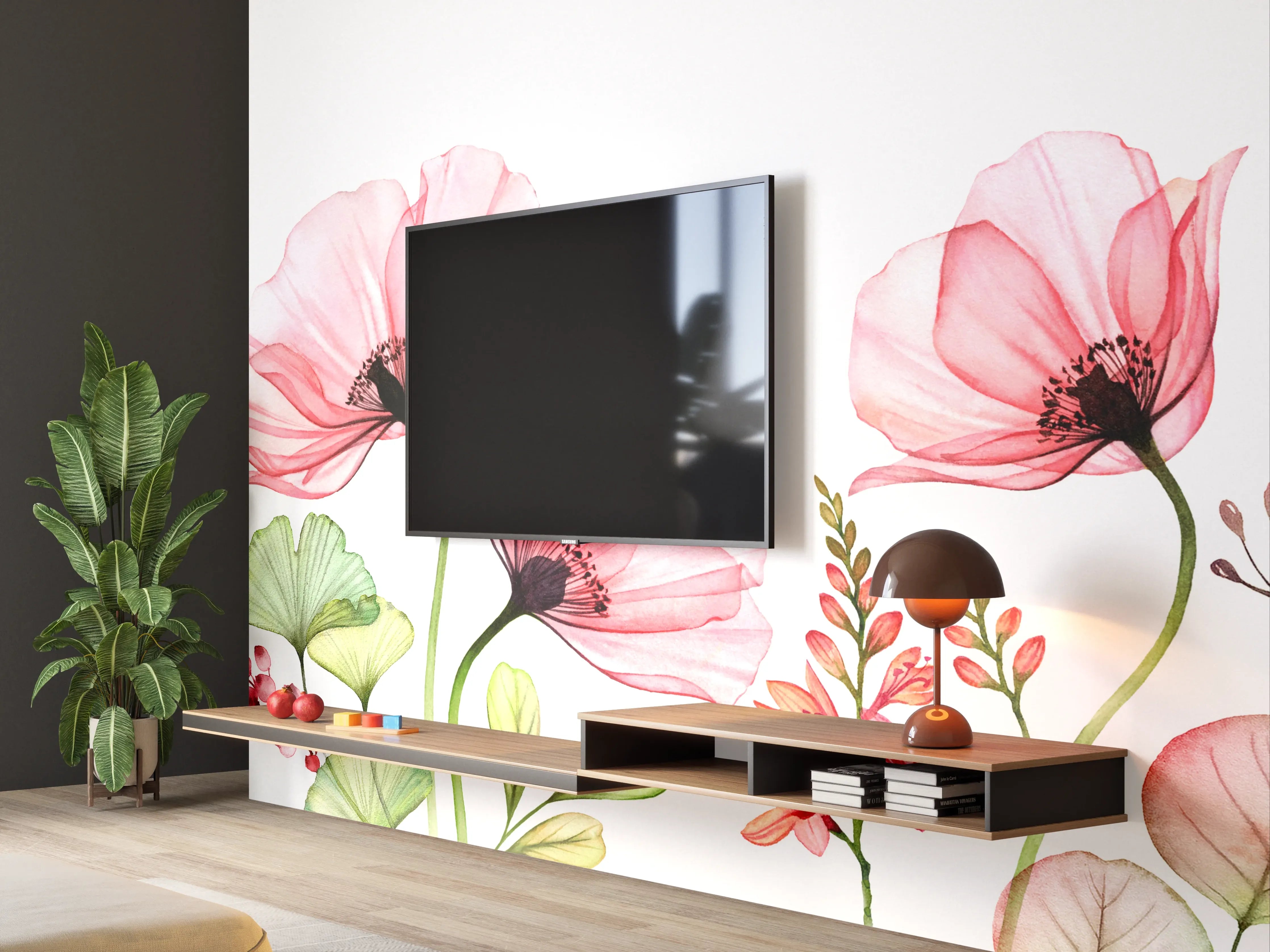 Wandverkleidung Wohnzimmer - Sanfte Wasserfarben Blumenmotive