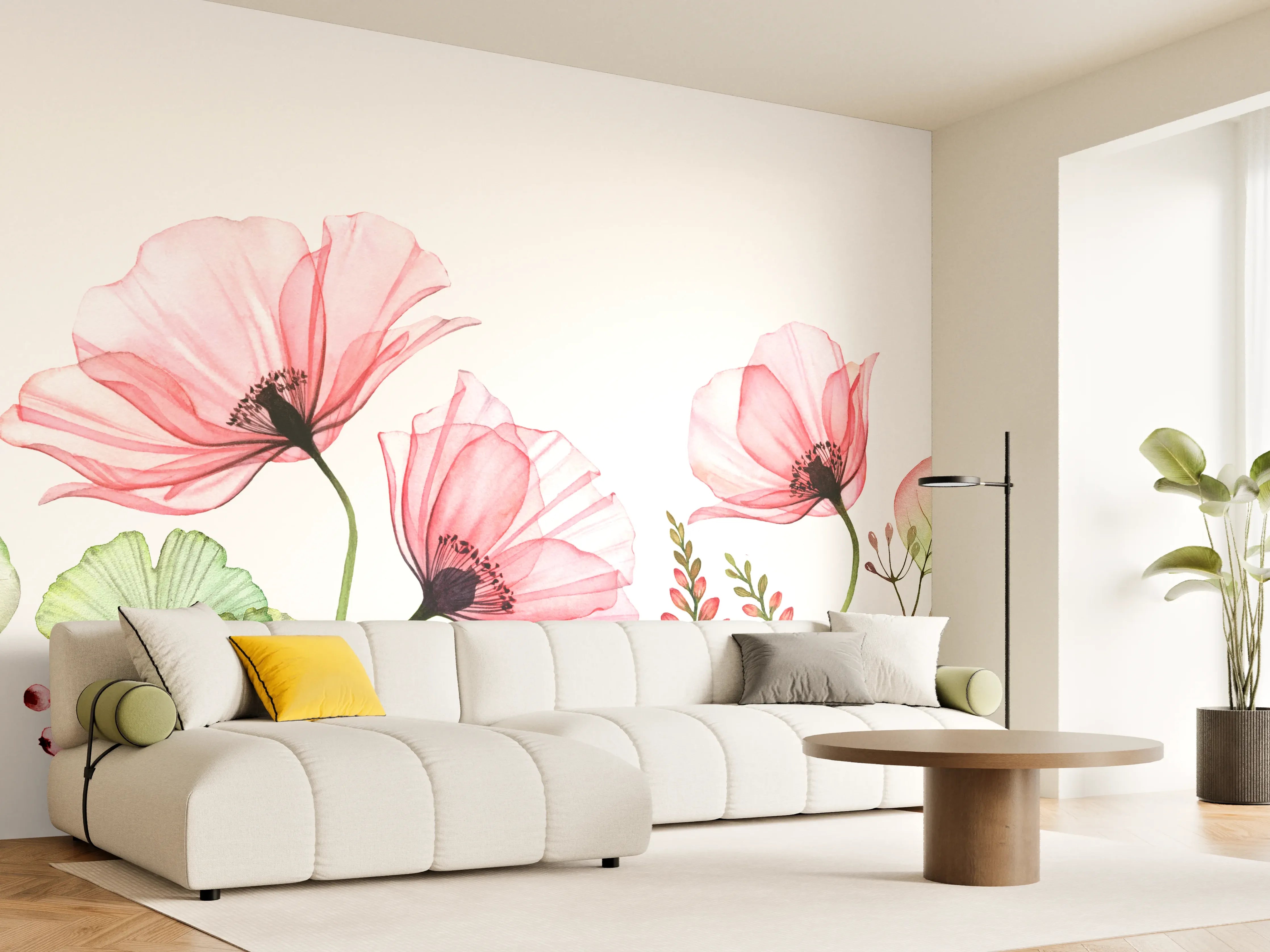 Wandverkleidung Wohnzimmer - Sanfte Wasserfarben Blumenmotive