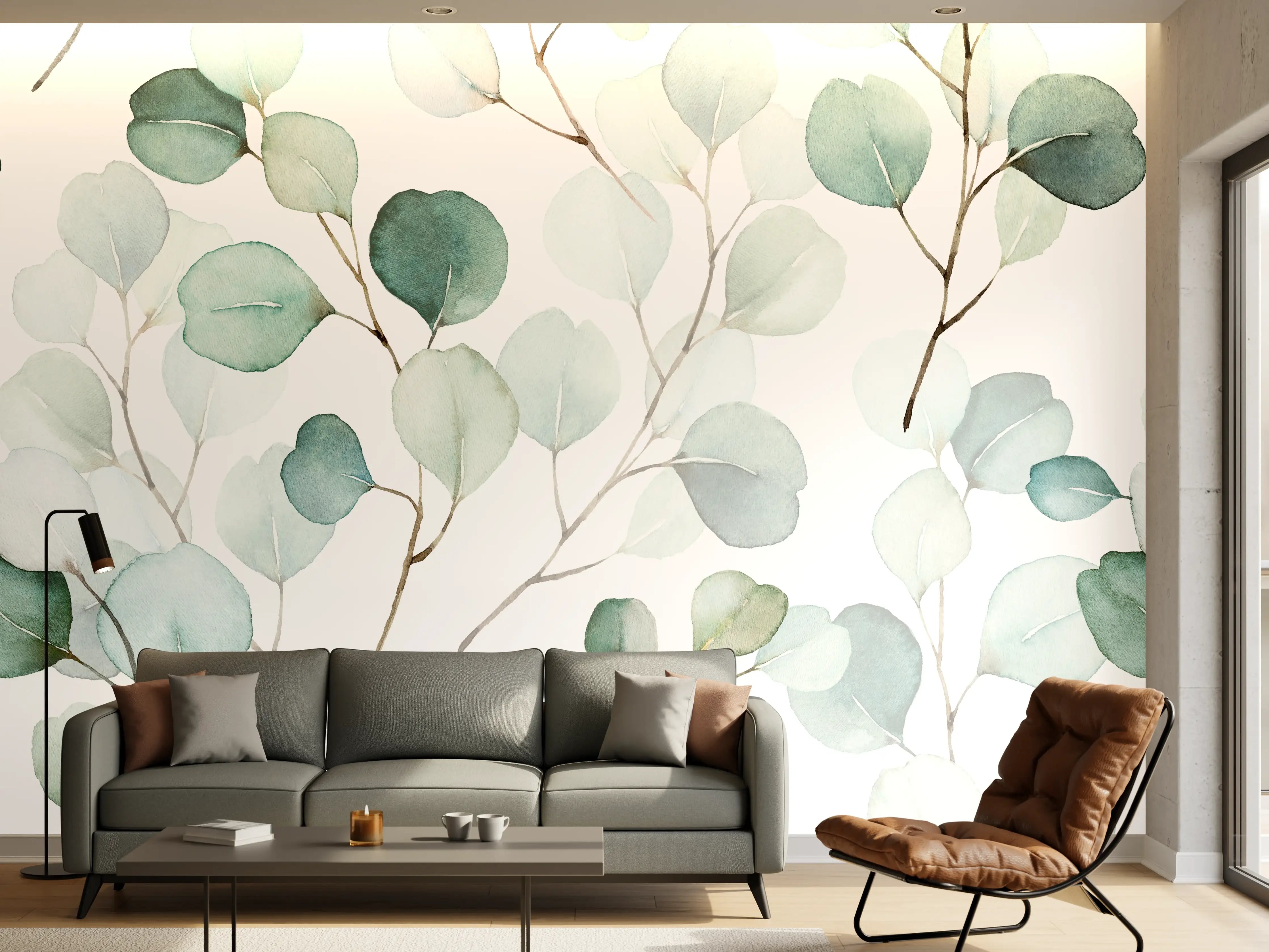 Wandverkleidung Wohnzimmer - Sanfte Wasserfarben Eukalyptusblatt-Muster